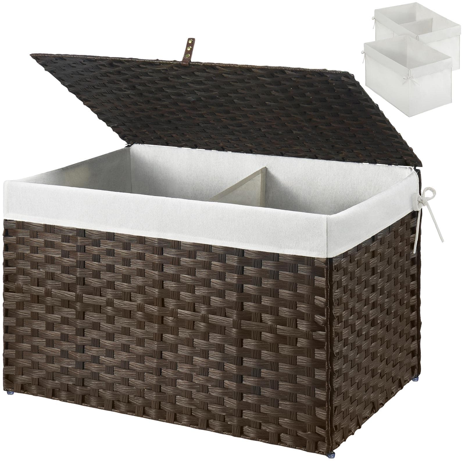 GREENSTELL Storage Basket with Lid, 17.2 Gallon(65L) Small Wicker Blanket Storage Basket with Handles, Foldable, 2 Removable Liner Bags, Metal Frame, for Bedroom, Laundry Room, Brown,22.2"*13.4"*13.4"
