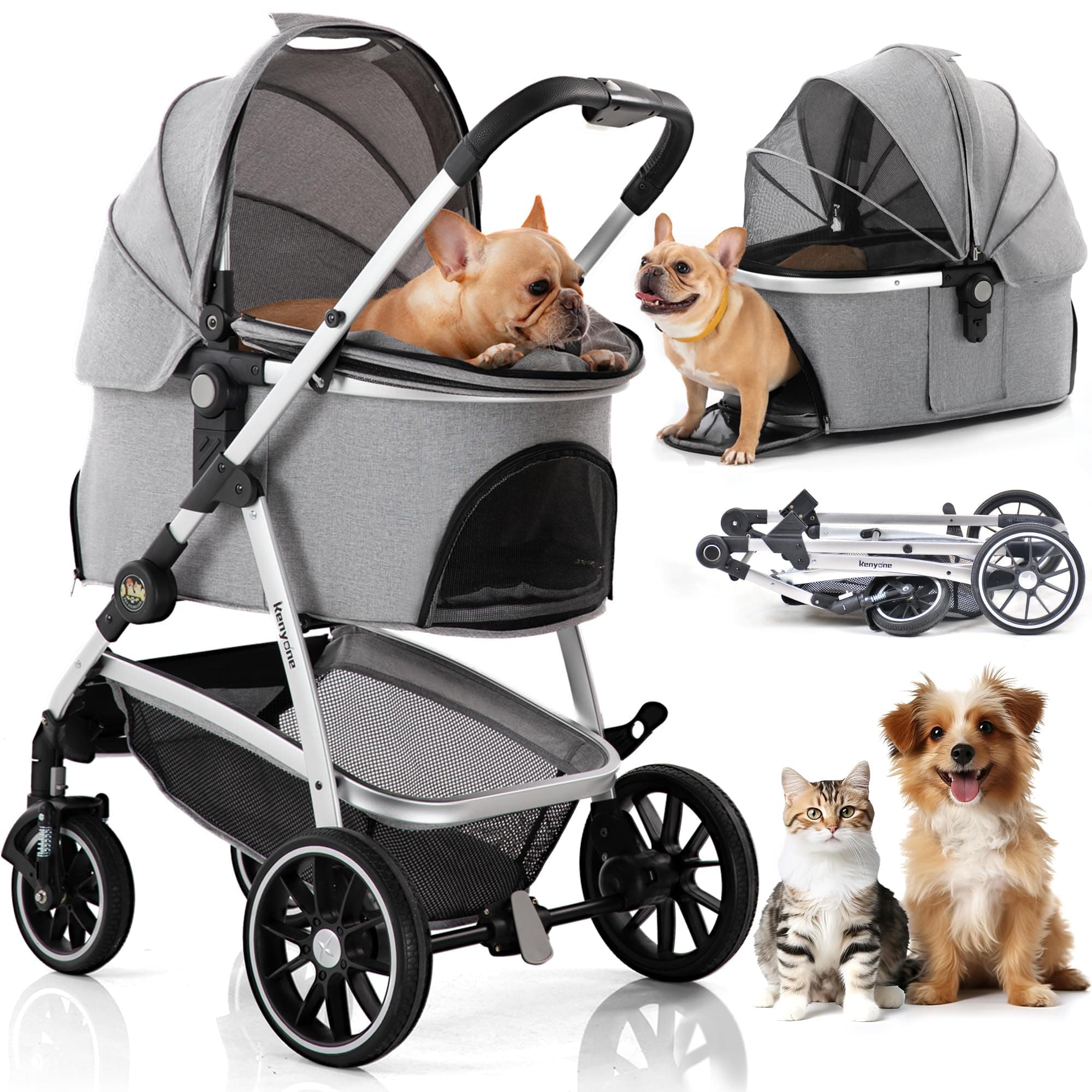 Kenyone Pet Stroller, 3 in 1 Multifunction Pet Travel System 4 Wheels Foldable Aluminum Alloy Frame Carriage for Small Medium Dogs & Cats (Gray)