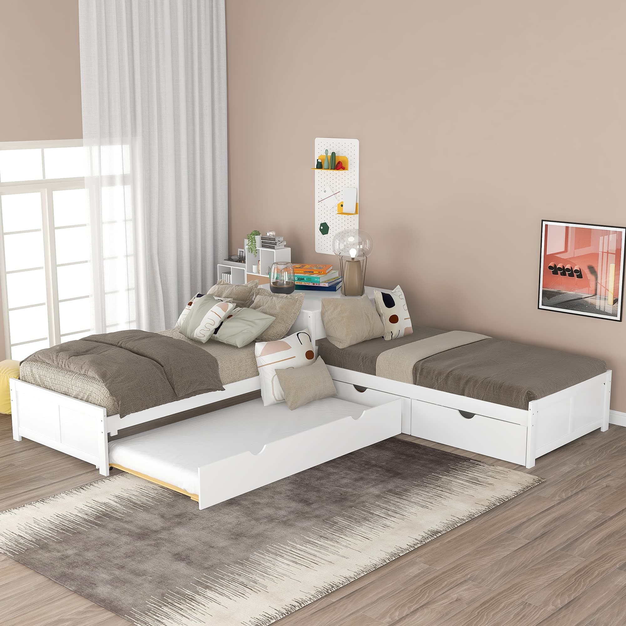 Merax Storage Daybed with Trundle, Twin Size L-Shaped Platform Bed with Convertible Trundle, Two Drawers and Built-in Desk for Living Room, Bedroom, Guest Room, No Box Spring Needed (White)