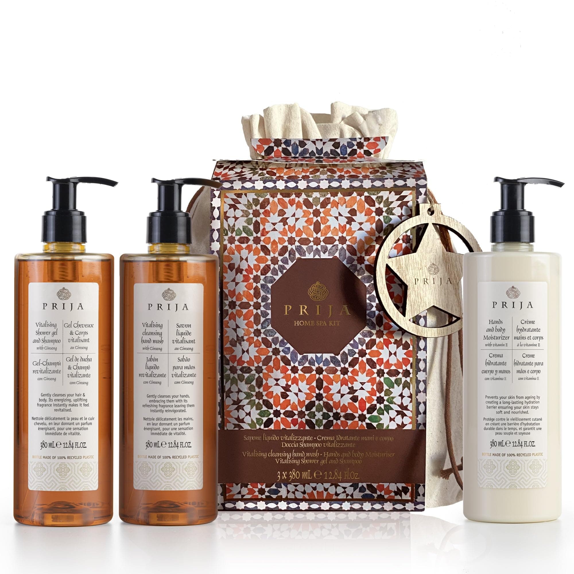 Prija Home SPA Gift Kit (Includes Vitalizing Hair & Body Cleanser, Hand Cleanser, Hand & Body Moisturizer, Each 12.84 fl oz) - Vegan Friendly - Dermatologically Tested