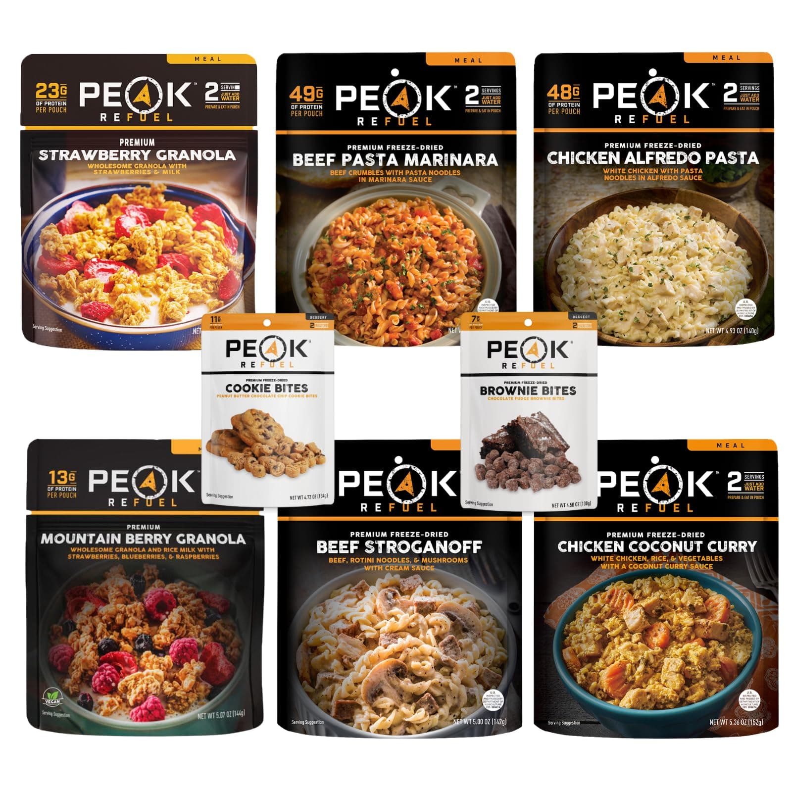 Peak Refuel Mountain Pack | Freeze Dried Lightweight Backpacking and Camping Food | 6 Amazing Meals, 2 Desserts | Variety Pack | High Protein | Quick Prep