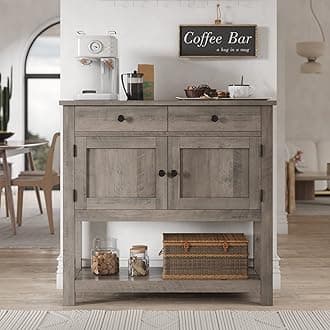Farmhouse Console Table with 2-Door Cabinet & 2 Drawers, Coffee Bar, Entryway Table with Storage Shelf, Sofa Tables Buffet Sideboard for Kitchen, Hallway, Dining, Living Room, Ash Gray