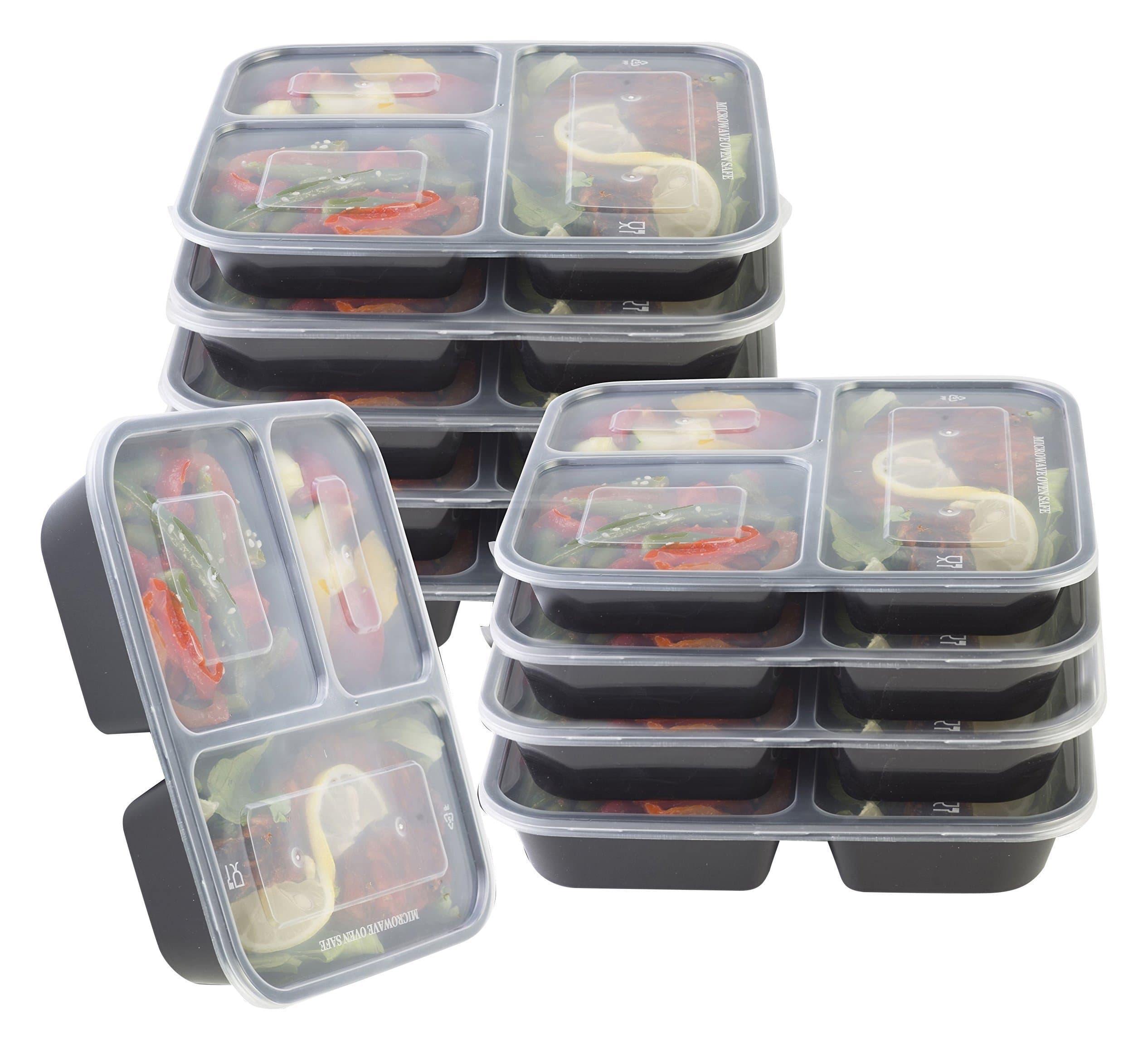 Storapak - 3 Compartment Bento Lunch Boxes With Lids {10 pack} Healthy Meal Prep.Food Storage Containers Reusable Microwave & Freezer Safe Stackable FDA Approved With "Free Labels"
