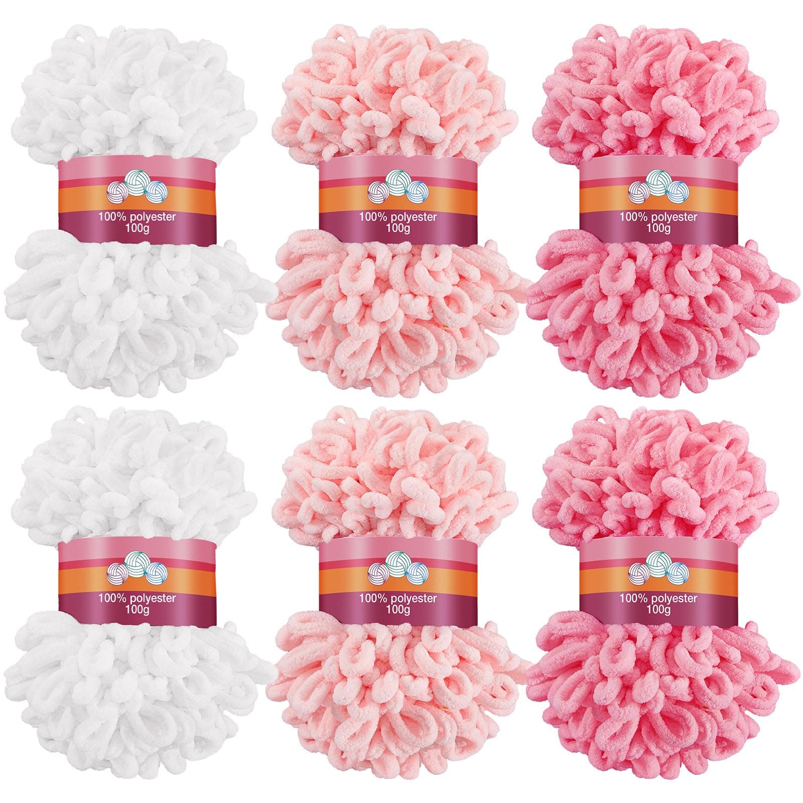 Threlaco 6 Pack Finger Loops Yarn Bulk Soft Chunky Yarn 600 G/ 6 Skeins for Mothers Day Beginners Knitting No Needles or Hooks(White, Pink, Carmine)