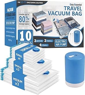 - Cozy Essential Travel Vacuum Bags with Electric Pump, 10 Pack Vacuum Travel Bags for Luggage and Suitcase, Vacuum Seal Space Saver Compression for Clothes Clothing
