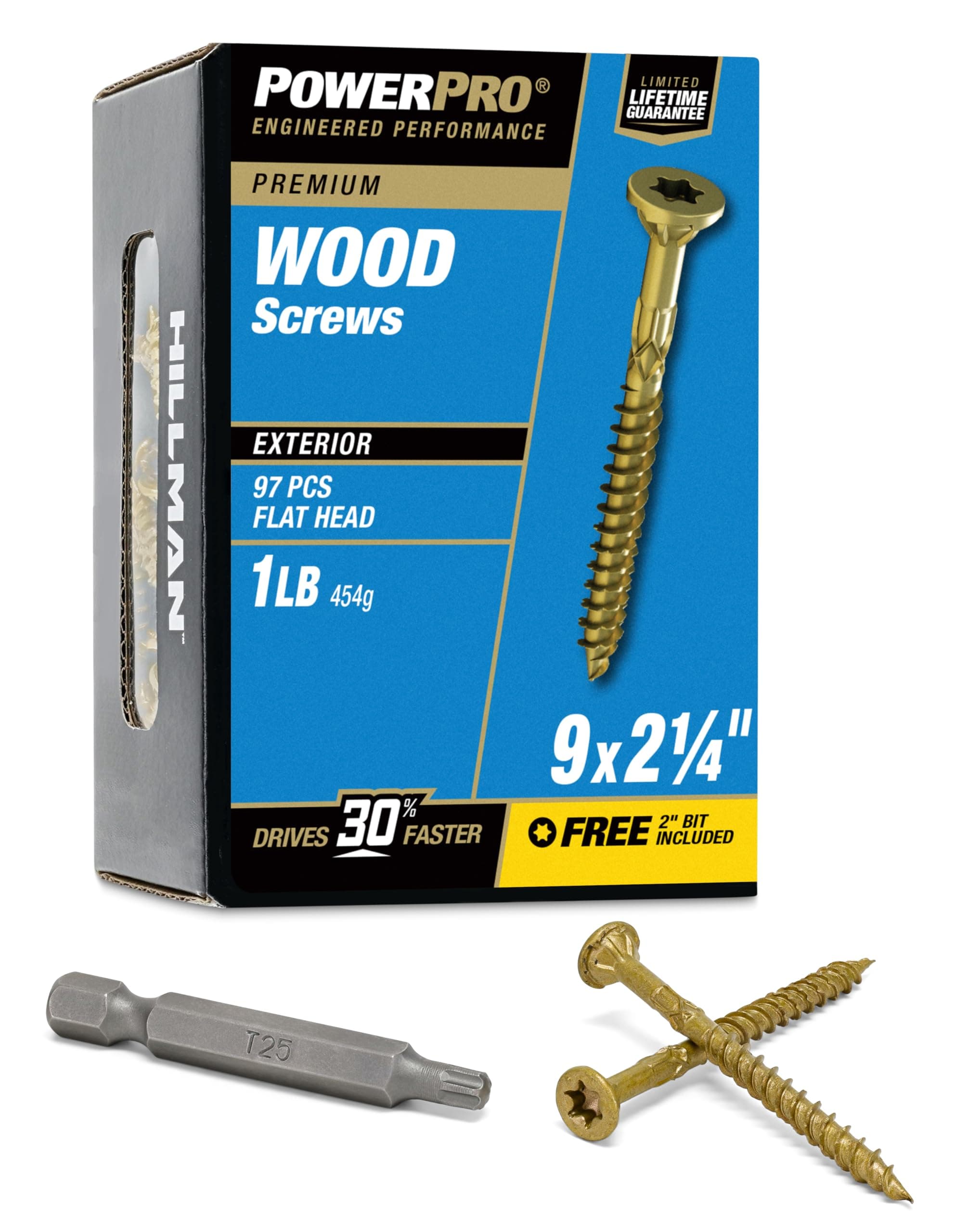 Power Pro 48598 Wood Screws, #9 x 2-1/4", Premium Outdoor Deck Screws, Rust Resistant, Epoxy Coated Bronze, 1lb Box, 113 pcs