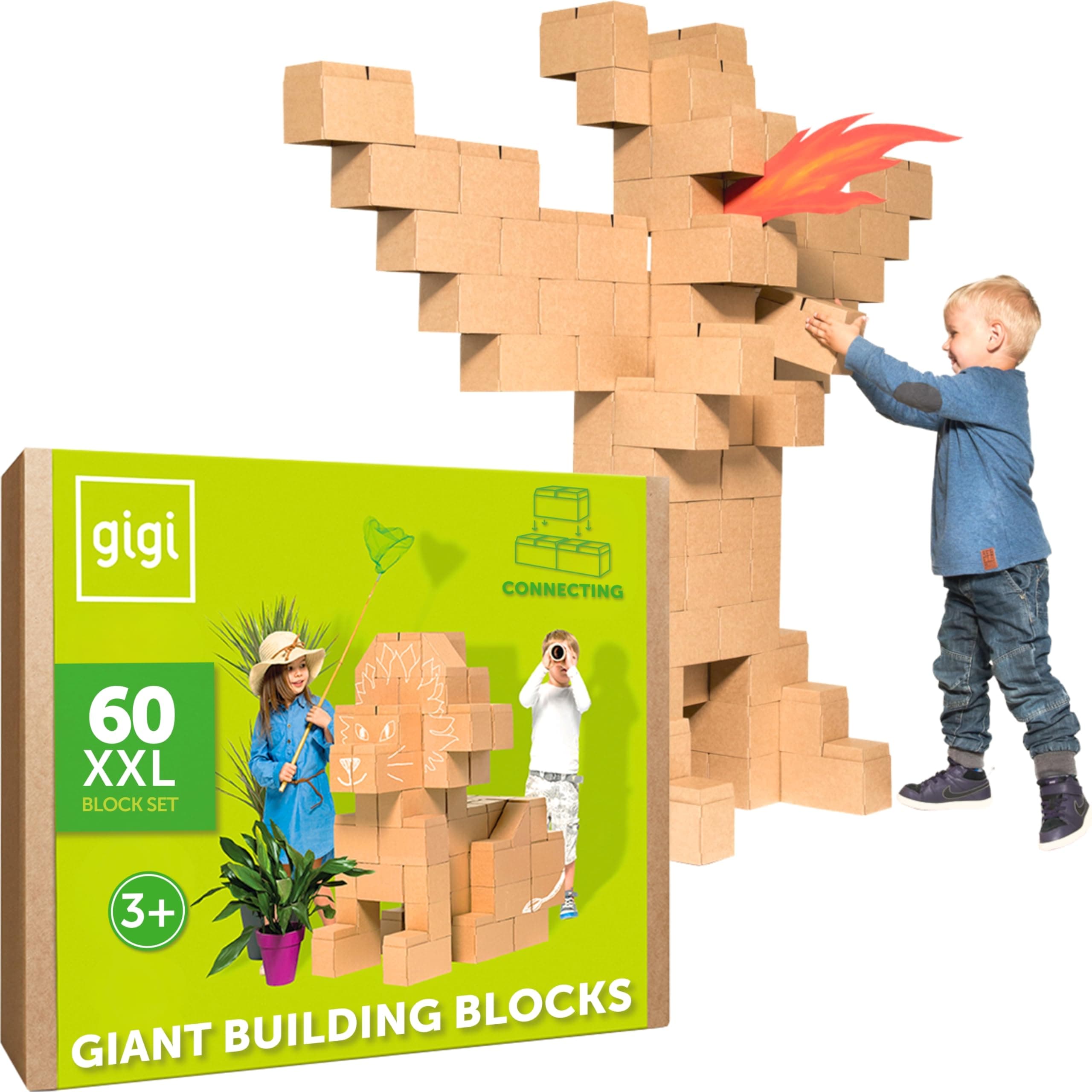 GIGI BLOKS 60 XXL Large Building Blocks for Kids Stackable & Interlocking | Children's Cardboard Building Bricks, Sturdy and Easy to Assemble | Creative & Educational Real-Size Kids Construction Toys