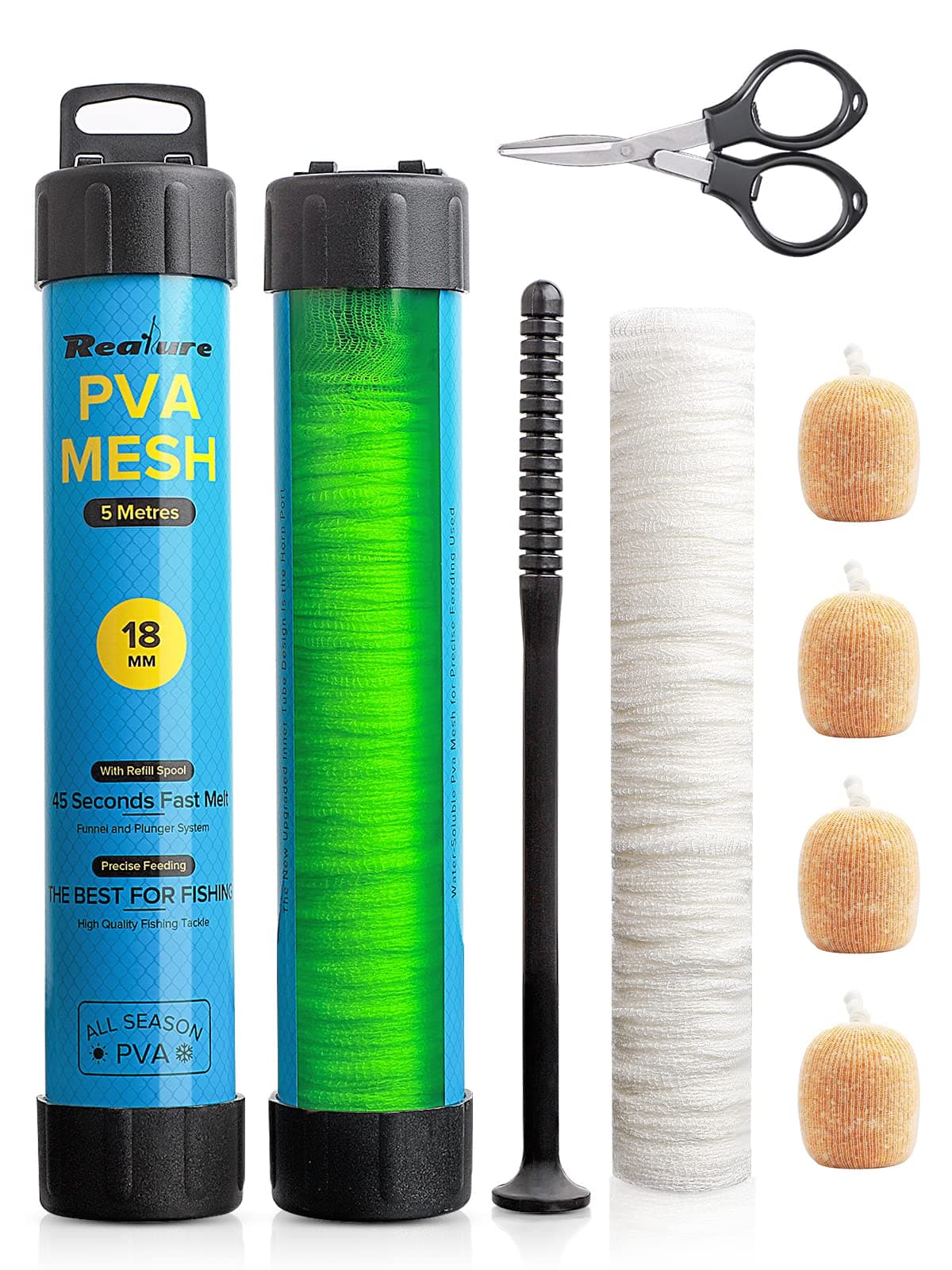 5M PVA Mesh Kit with Scissors 18mm 25mm 37mm 44mm Wide PVA Mesh Carp Fishing Accessories with Funnel & Plunger System Fast Melt Bag Fishing Refill for Boilie Bait Feeding (5M, 18mm)