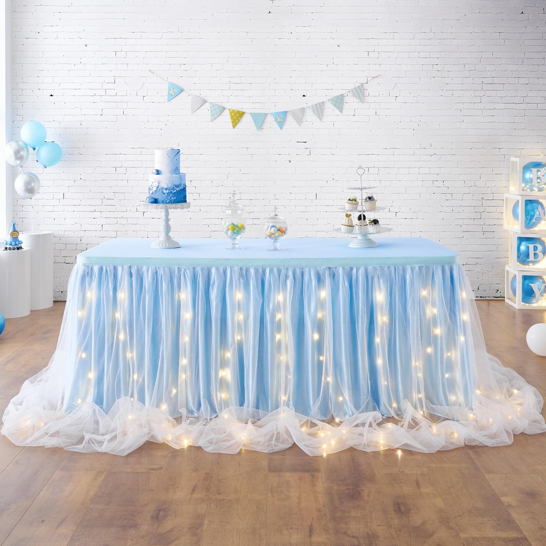 leegleri LED 6ft Blue Tutu Tulle Table Skirt for Rectangle or Round Table for Baby Shower Wedding and Birthday Party Decoration (L6(ft) H 30in)