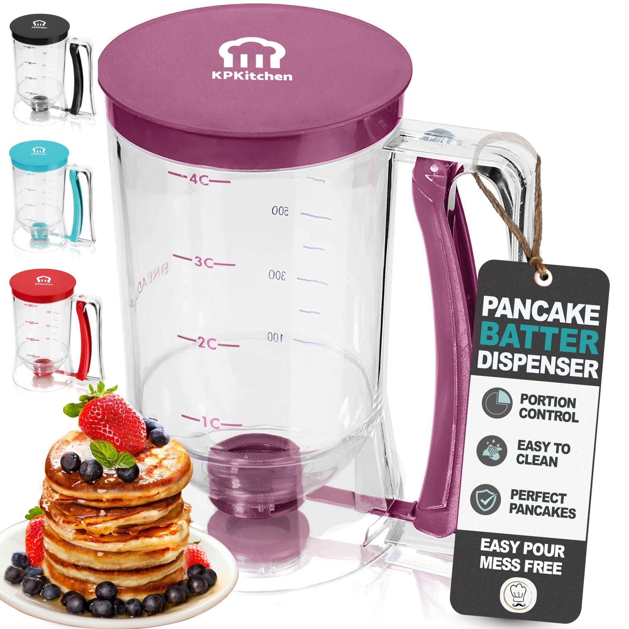 KPKitchen Pancake Batter Dispenser - Kitchen Must Have Tool for Perfect Pancakes, Cupcake, Waffle, Muffin Mix, Crepe & Cake - Easy Pour Baking Supplies for Griddle - Pancake Maker with Measuring Label