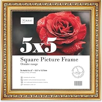 5x5 Gold Ornate Picture Frame 5"x5" (12.7x12.7cm) Poster, Photo, Artwork, or Print. Elegant Style Portrait and Landscape Display with Wall Hooks