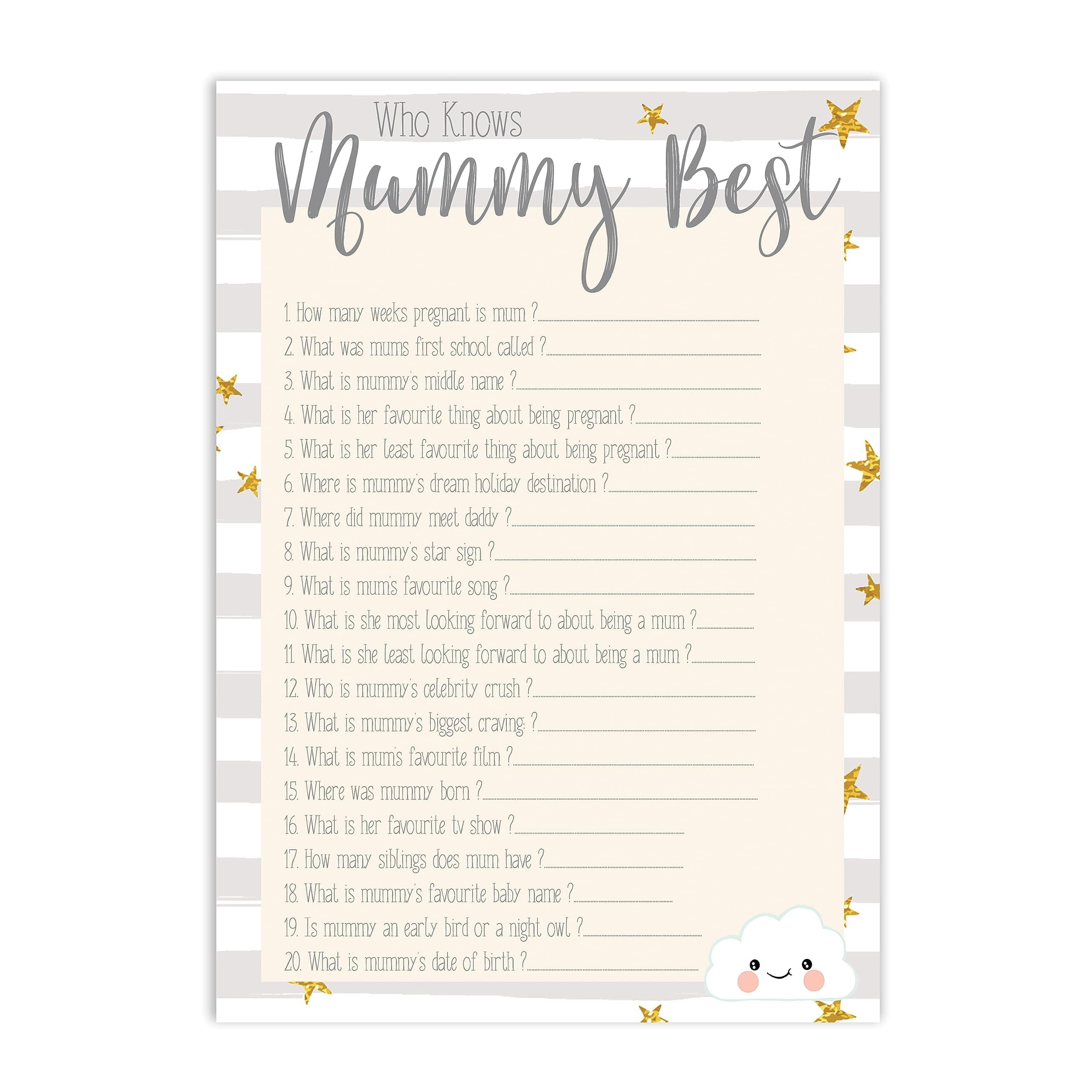 Baby Shower Game - Who Knows Mummy Best - 10 Sheets Cloud Design (BSCWKMB)