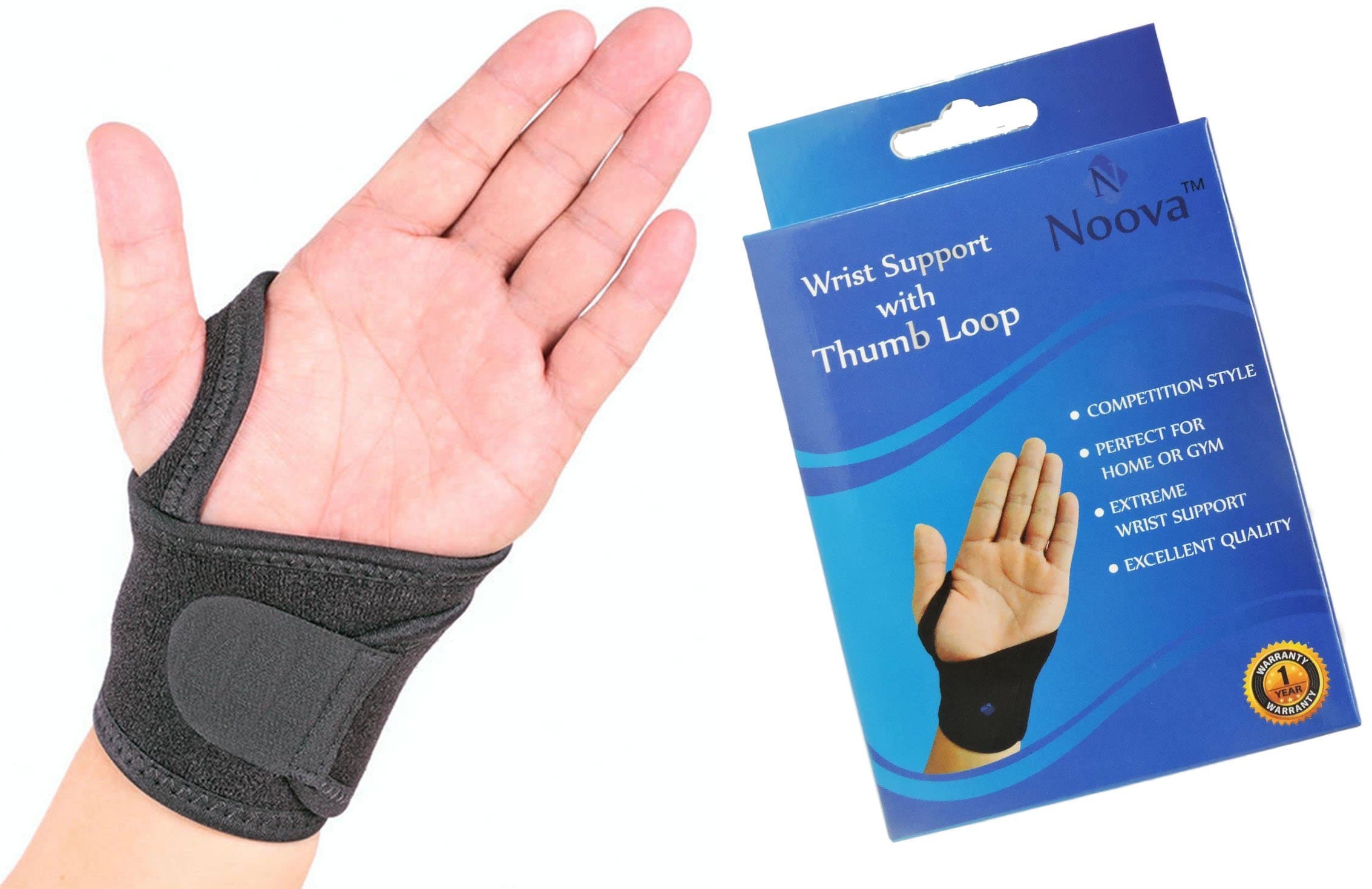 Noova Wrist Support Wrist Wraps with Touch Fastener and Thumb Loop, Sports & Gym Accessories Wrist Bands