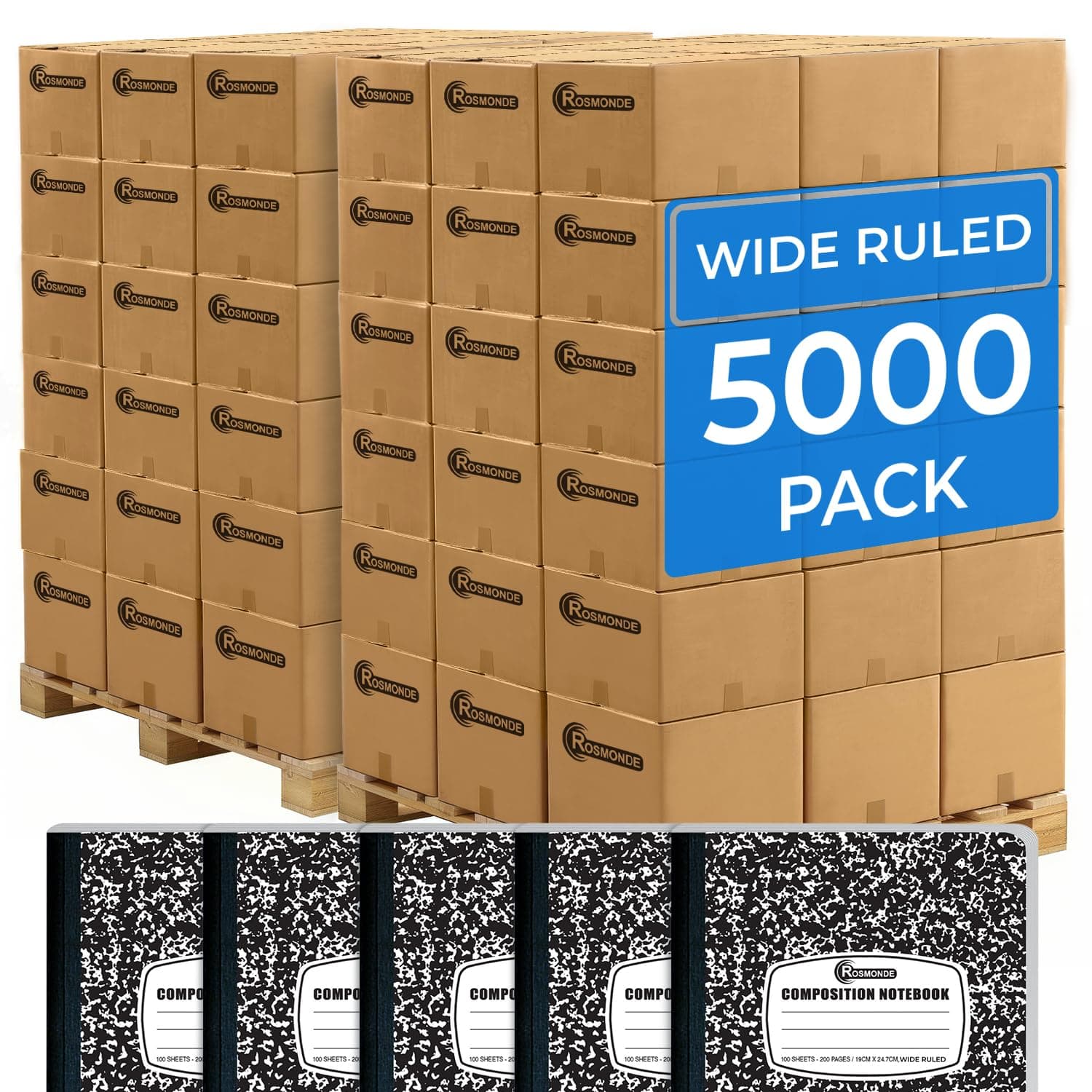 Rosmonde 5000 Pack (Pallet) Composition Notebooks Bulk, Wide Ruled, Jumbo Pallet of Composition Notebooks, 100 Sheets (200 Pages), 9-3/4 x 7-1/2, Bulk Supplies for School & Office, 4-7 Days Transit