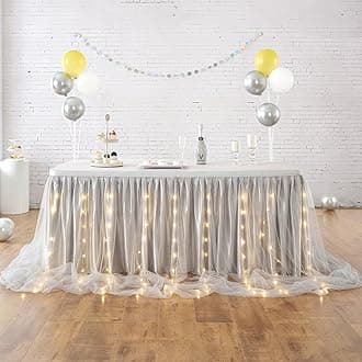 leegleri LED Table Skirt Gray Tulle Table Skirt Tutu Table Cloth Skirting for Rectangle or Round Table for Baby Shower Wedding and Birthday Winter Party Decoration (14 ft table skirt)