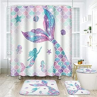 ArtSocket Pink Mermaid Tail Scales Bathroom Set with Shower Curtain and Rugs Accessories Sea Turtle Seahorse Octopus Conch Shower Curtain Set Cute Summer Bathroom Decor 4 Pcs