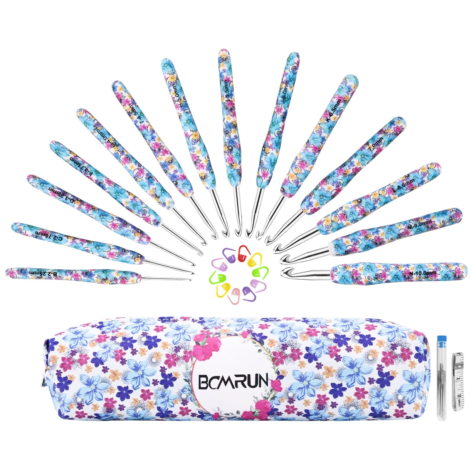 BCMRUN Crochet Hooks Set, 14 Sizes 2.25mm(B)-10mm(N), Extra Long, Ergonomic Handle, Smooth Hooks, Knitting Needles Kit, DIY Knit Needles, Weave Yarn Set (Blue)