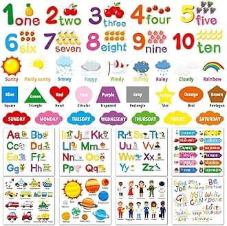Alphabet Numbers Wall Decals 12 Sheets Color Weather Learning Educational Wall Stickers Peel and Stick Solar System Shape Wall Decals for Kids Toddlers Classroom Playroom Bedroom Wall Decorations