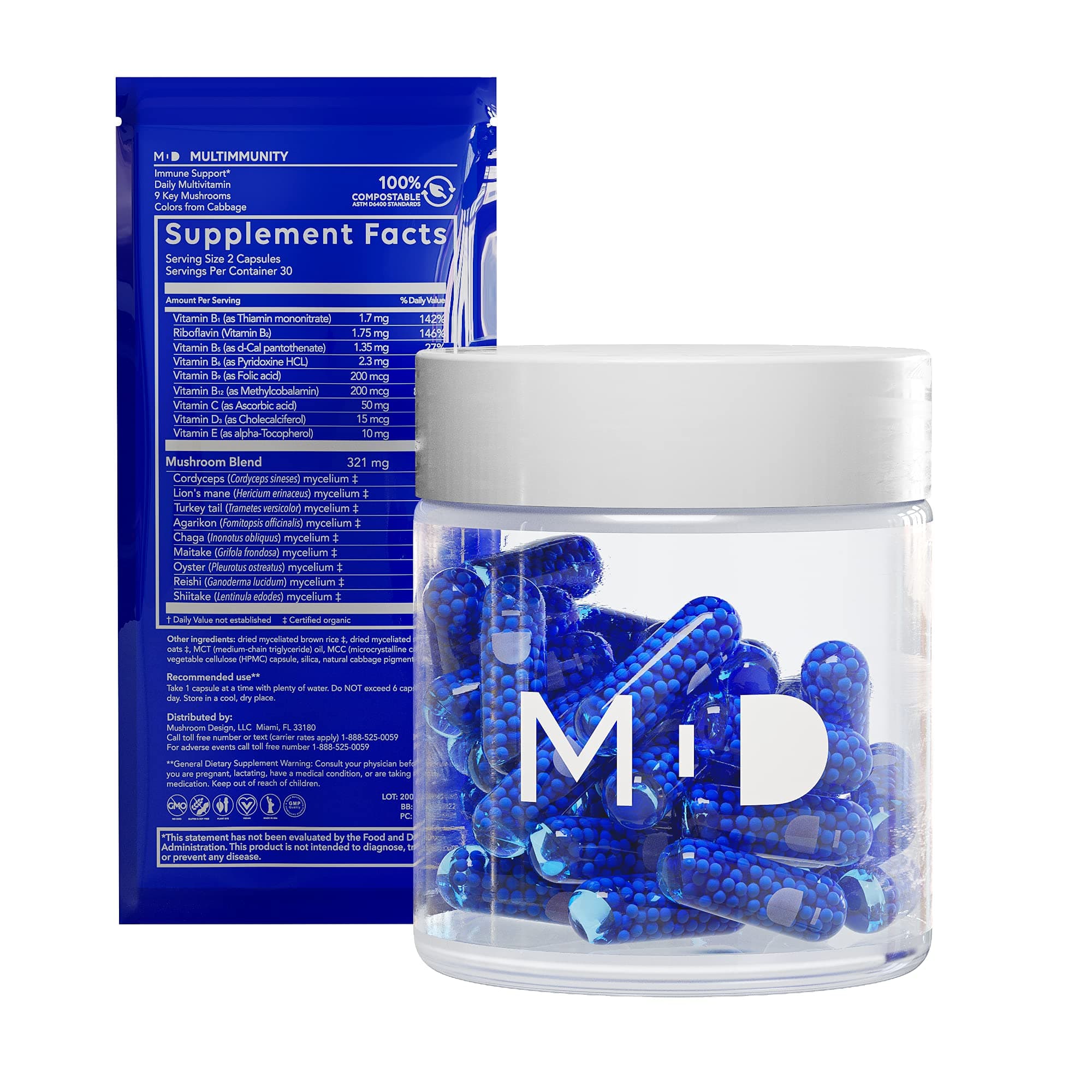 Mushroom Design9-Mushroom Supplement - Immune Support, Brain Function, Organic Vitamin Formula - Lion's Mane, Chaga, Reishi, and More - 60 Veggie Pills