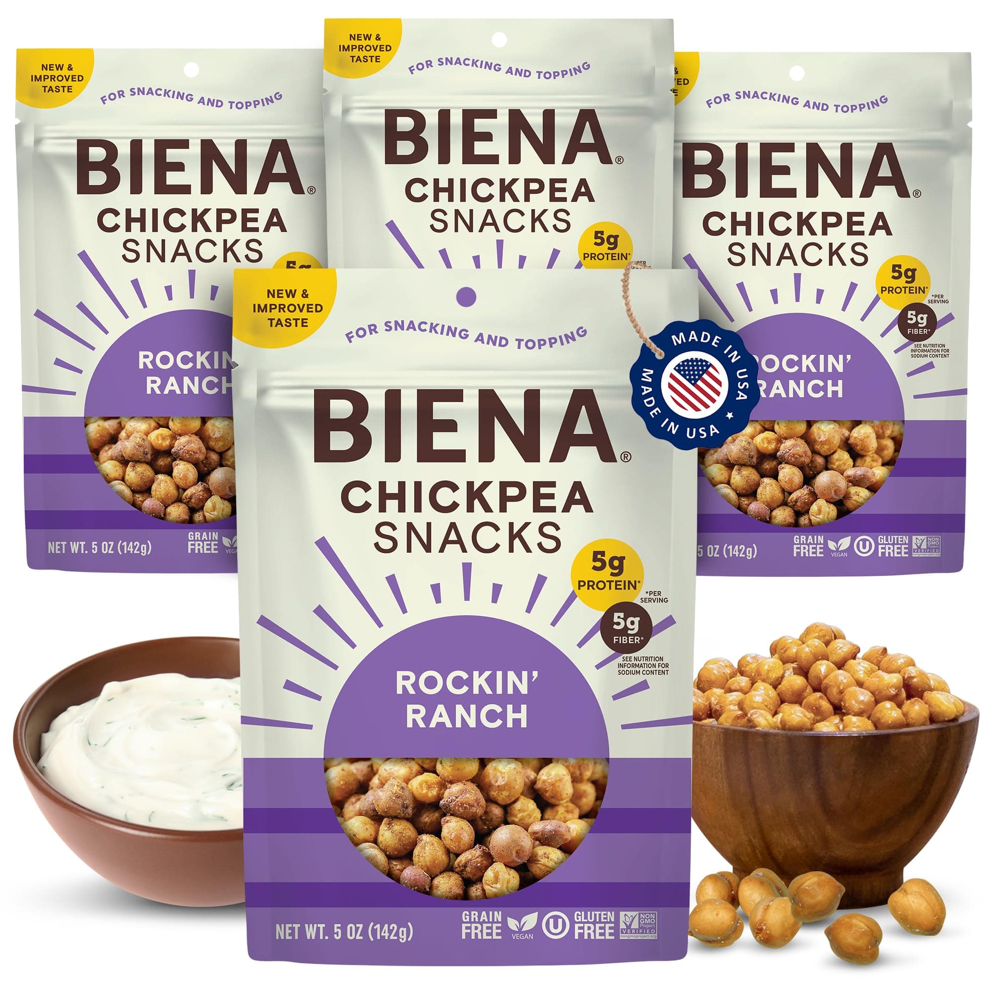 Biena Crispy Roasted Chickpea Snacks, Rockin’ Ranch, High Protein, High Fiber, Gluten Free, Plant-Based, Non-GMO, Healthy Snacks for Adults and Kids, 4-Pack 5 Ounce Bags