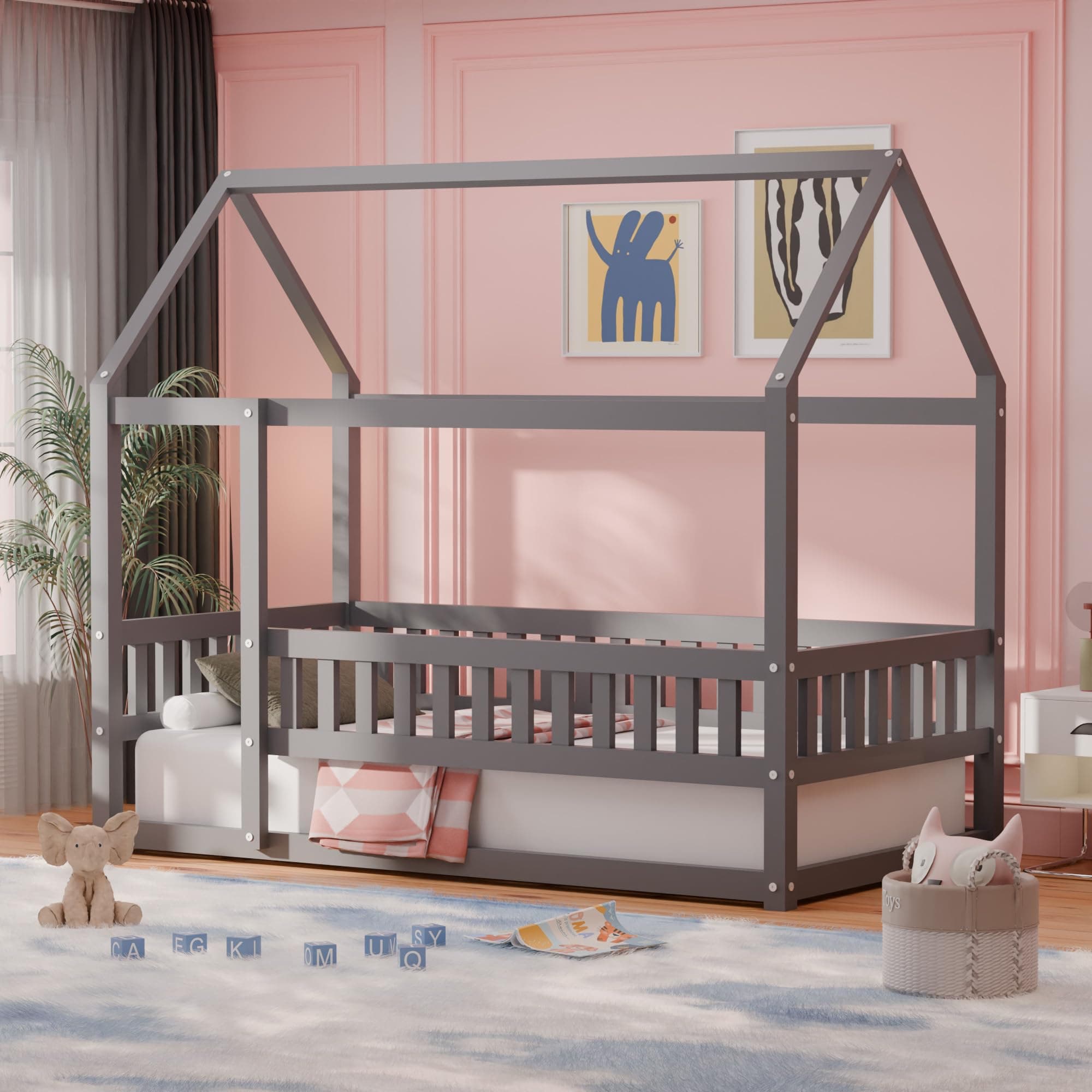 Gray Twin House Floor Bed, Montessori Bed Frame with Secure High Fence, Multifunctional Cozy Nook for Play & Sleep, No Weight Limit, Easy Setup