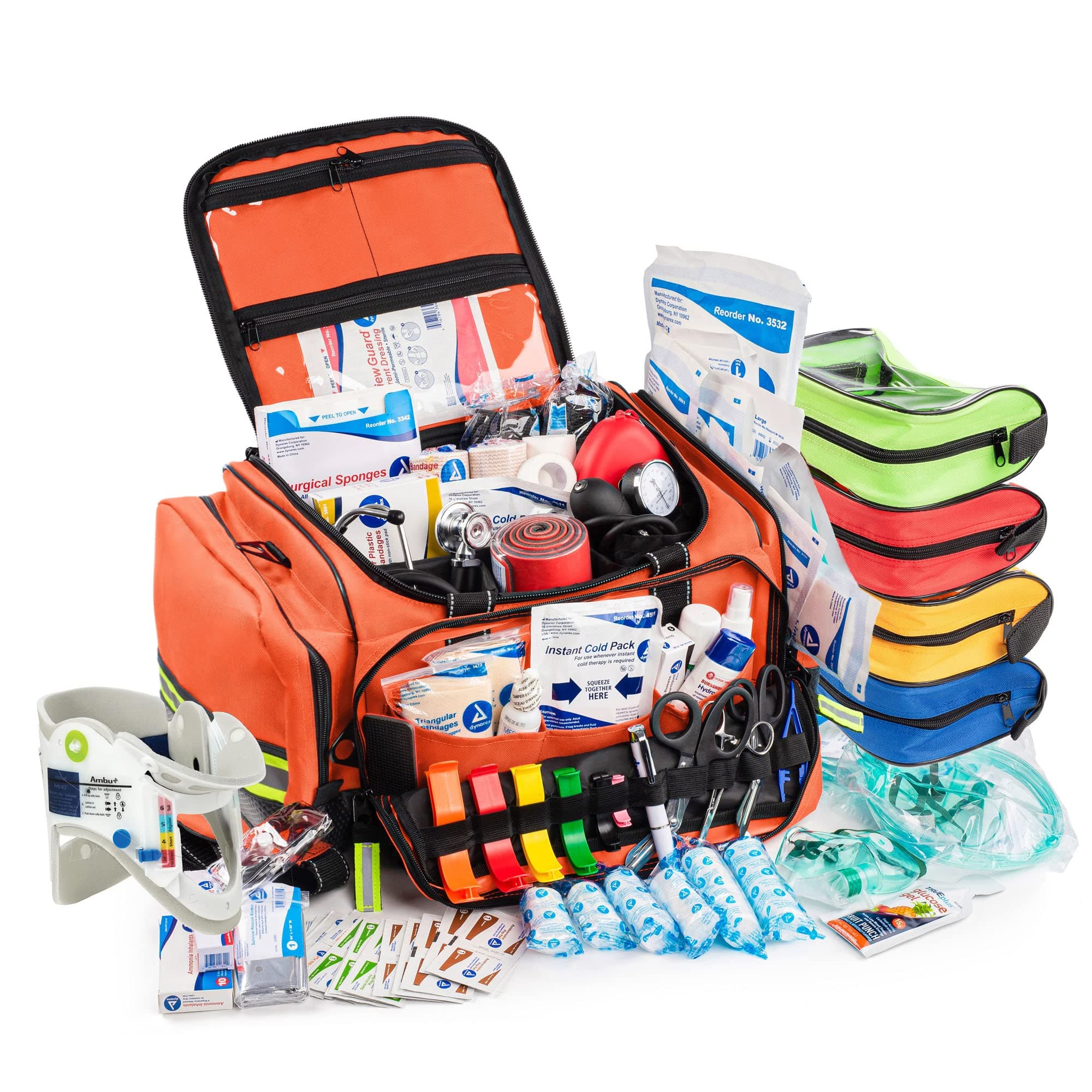 Scherber Fully-Stocked First Responder Professional Advanced EMT/EMS Trauma Kit | HSA/FSA Approved | Reflective Bag w/10+ Compartments, Zippered Pockets & 250+ First Aid Supplies (Orange)