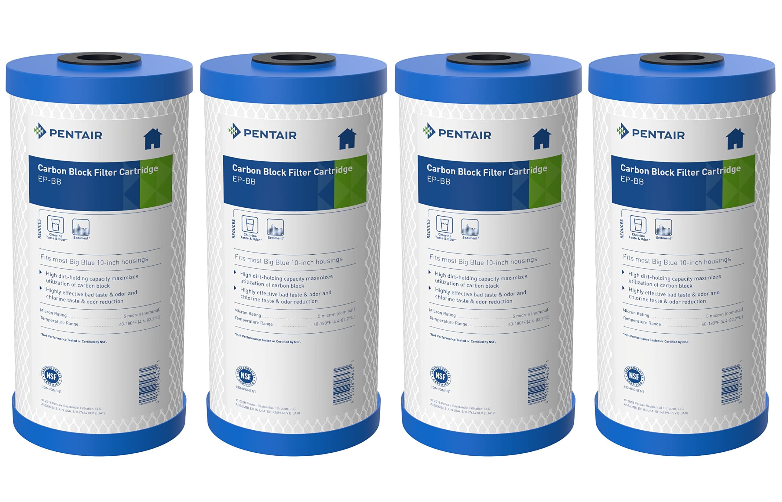 Pentek Pentair EP-BB Big Blue Carbon Water Filter, 10-Inch, Whole House Carbon Block Replacement Cartridge with Bonded Powdered Activated Carbon (PAC) Filter, 10" x 4.5", 5 Micron, Pack of 4