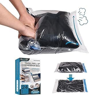24 Travel Compression Bags Vacuum Packing, Space Saver Bags for Luggage, Cruise Ship Essentials (9 Large, 9 Medium, 6 Small Roll-Up)