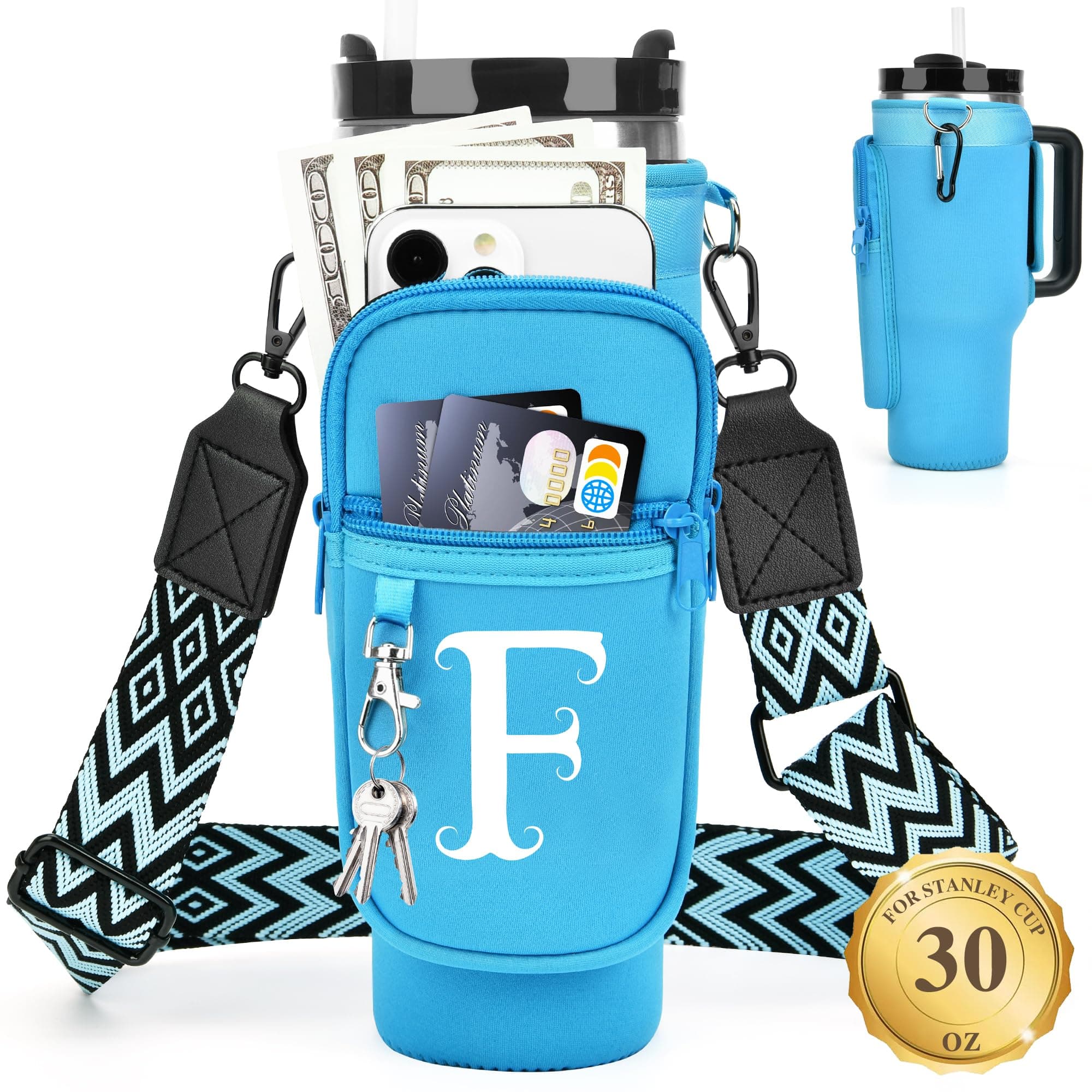 LOKASS Water Bottle Holder with Strap for Stanley Cup 30 oz Tumbler with Handle, Personalized Initial Stanley Cup Accessories, Christmas Gifts Water Bottle Carrier Bag for Women Men girls
