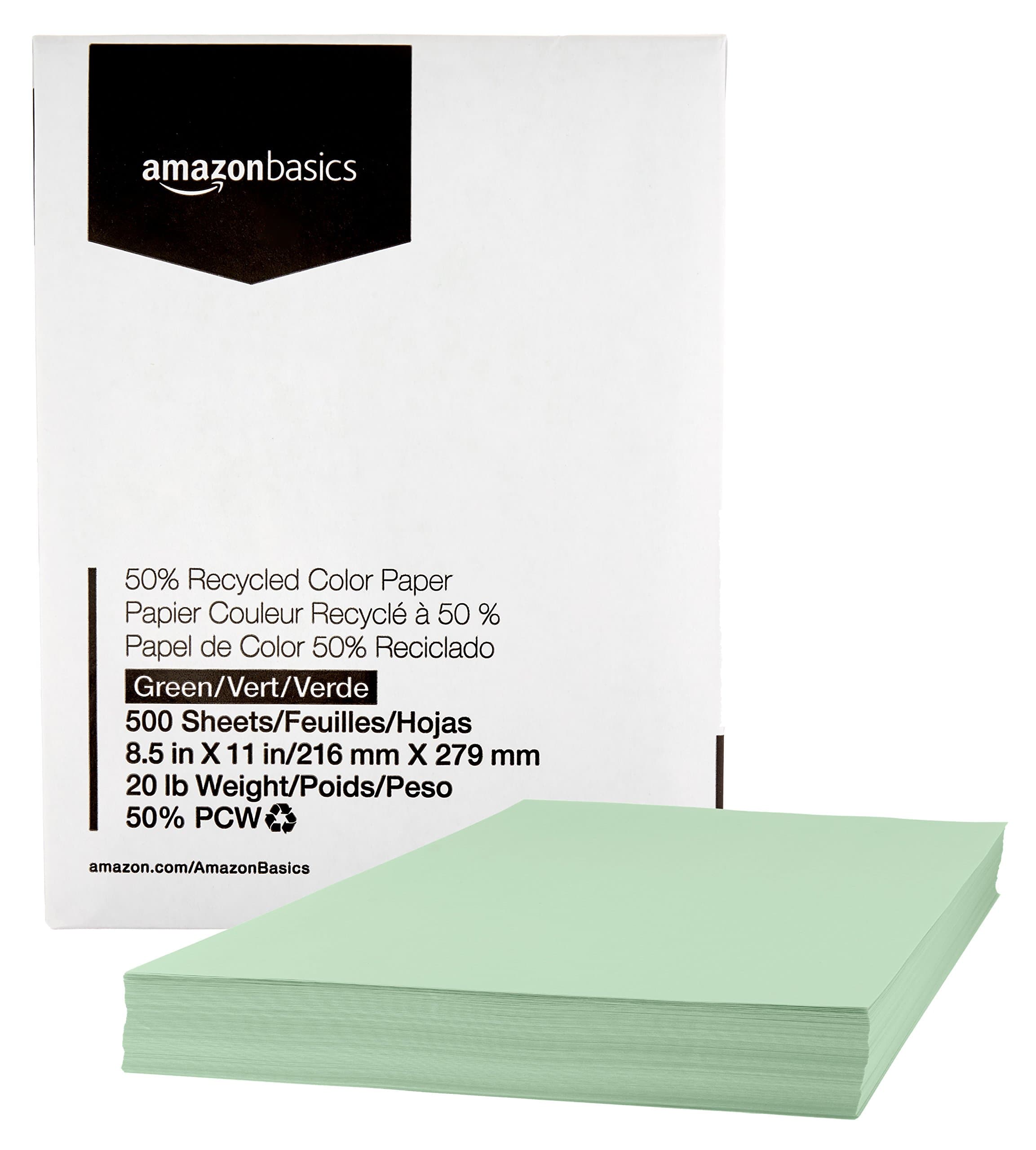 Amazon Basics 50% Recycled Color Printer Paper - Green, 8.5 x 11 Inches, 1 Ream (500 Sheets)
