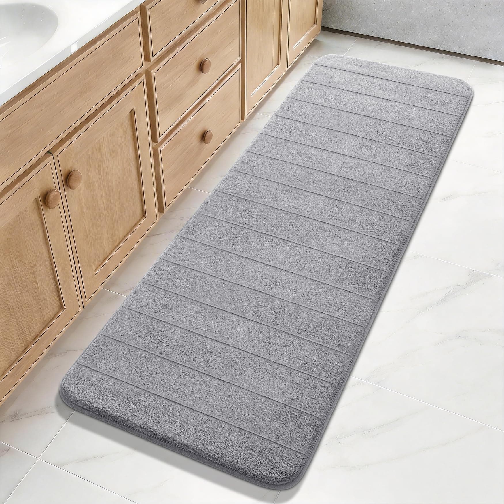 Yimobra Bathroom Runner 60"x24", Non Slip Memory Foam Bath Mat, Super Soft Water Absorbent Hallway Carpet, Machine Washable Rug for Vanity Tub Shower, Gray