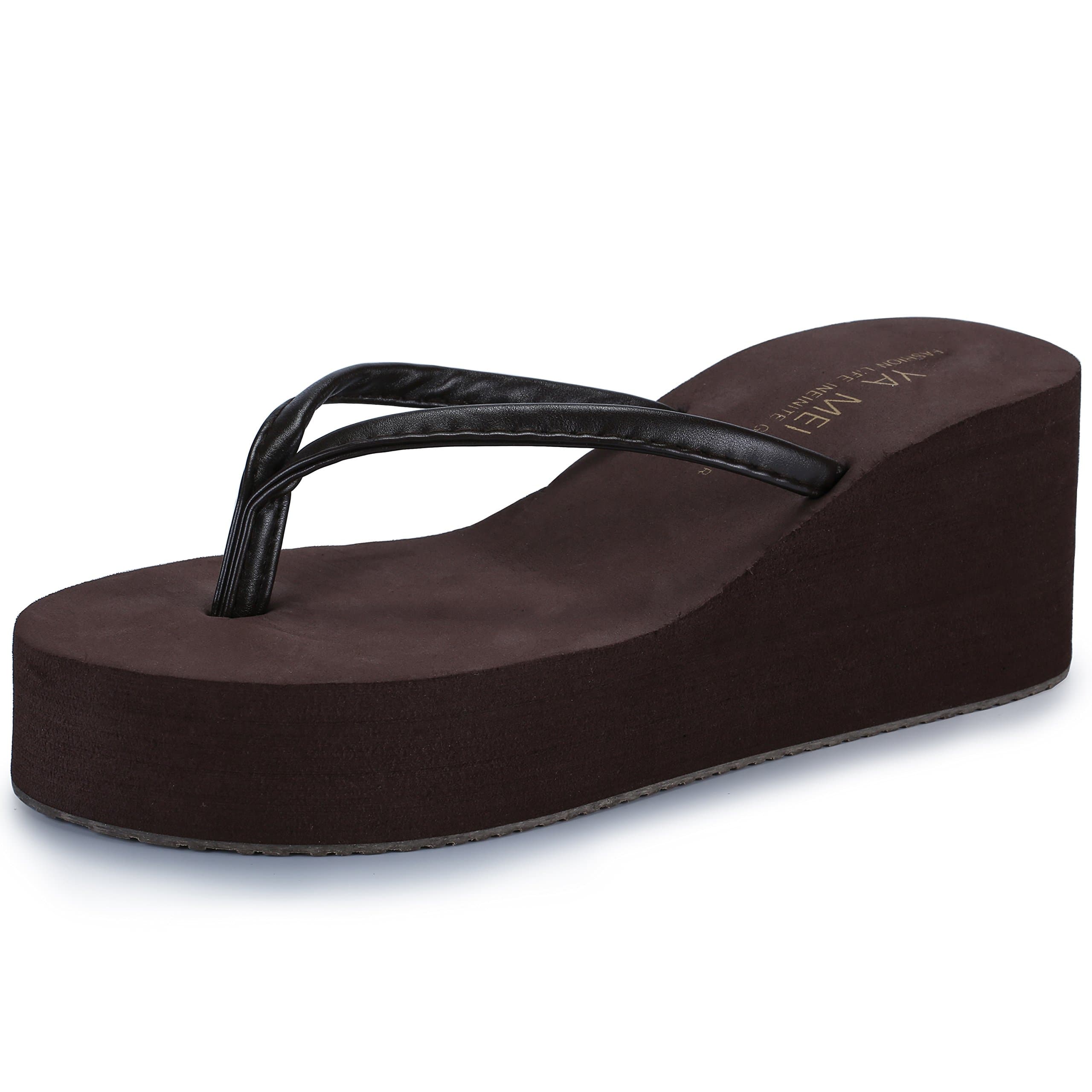 Difyou IDIFU Women's Thong High-Heeled Platform Wedge Flip Flops Sandals (9 B(M) US, Brown)