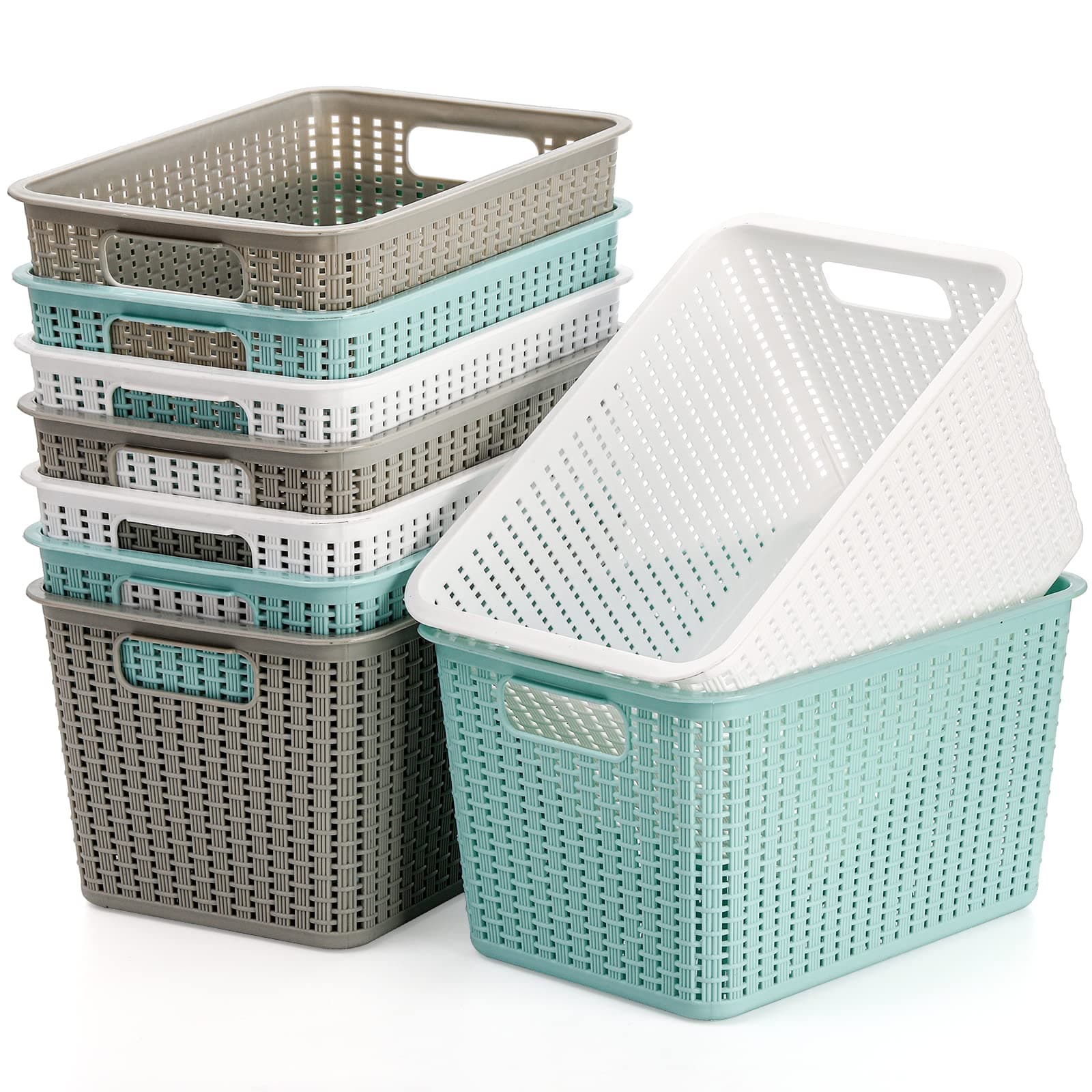 WUWEOT 9 Pack Plastic Storage Basket Bins Organizer, Cabinet and Shelf Basket with Handle, 25cm L x 17cm W x 14cm H, 3 Colors