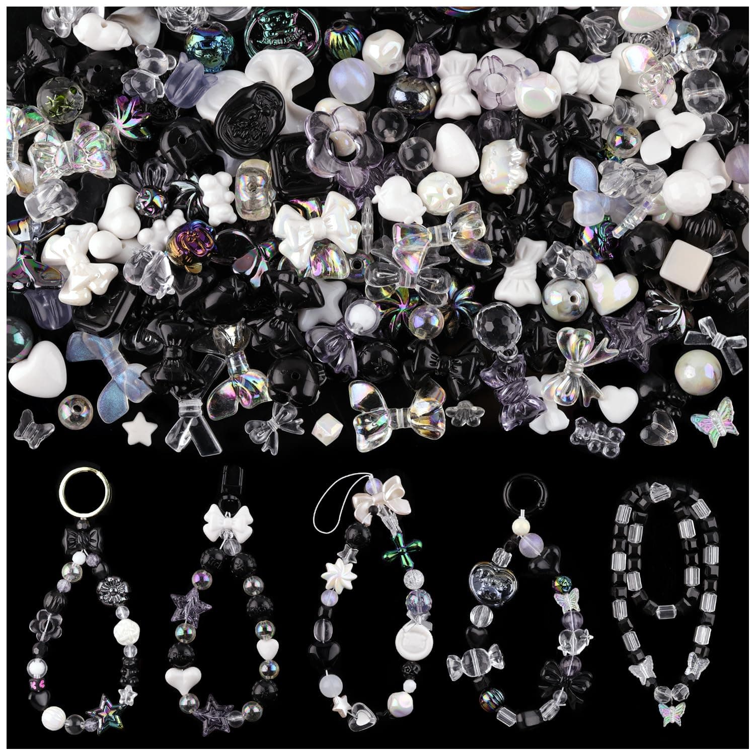 170-230PCS Black Assorted Acrylic Beads for Bracelet Making, Flower Bow Butterfly Candy Star Heart GummyBear Aesthetic Bracelet Charms,Cute Beads for Jewelry Making DIY Necklace Keychain Phone Charms