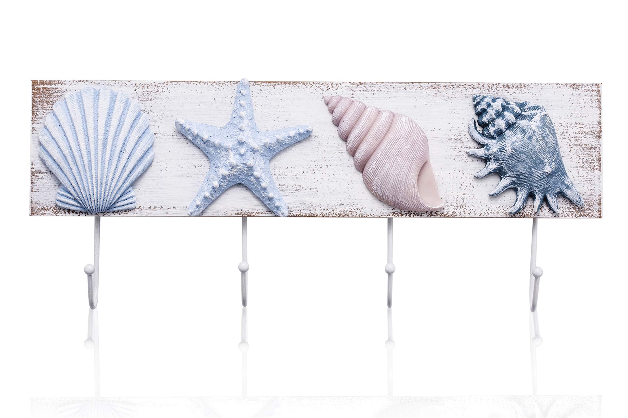 Tide and Tales Beach Decor Seashell Wall Hooks Towel Rack for Bathroom, Bedroom or Kitchen | 4 Strong Hooks | Ocean Theme Beach House Decor
