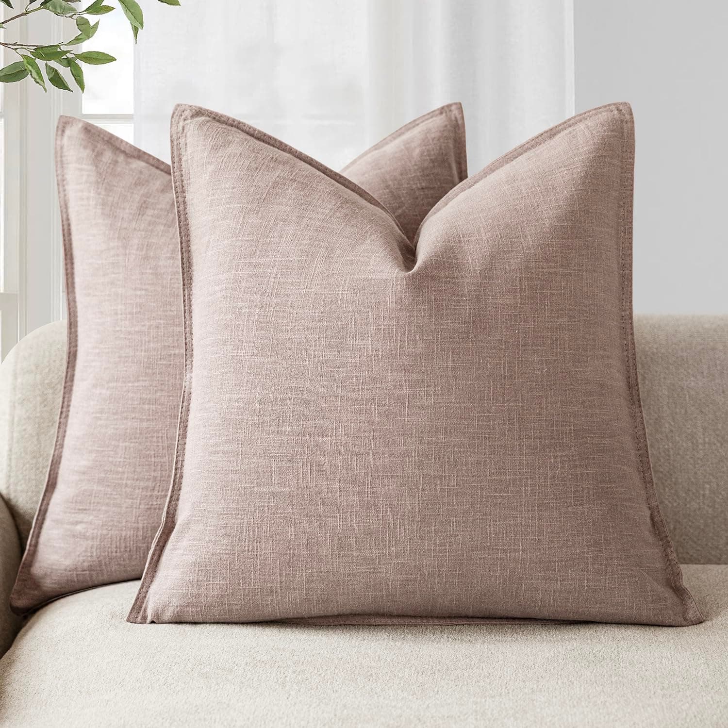 Foindtower Set of 2, Decorative Linen Soild Throw Pillow Covers Soft Accent Euro Cushion Case Boho Farmhouse Pillowcase for Chair Couch Sofa Bedroom Living Room Home Decor 26 x 26 Inch Dusty Pink