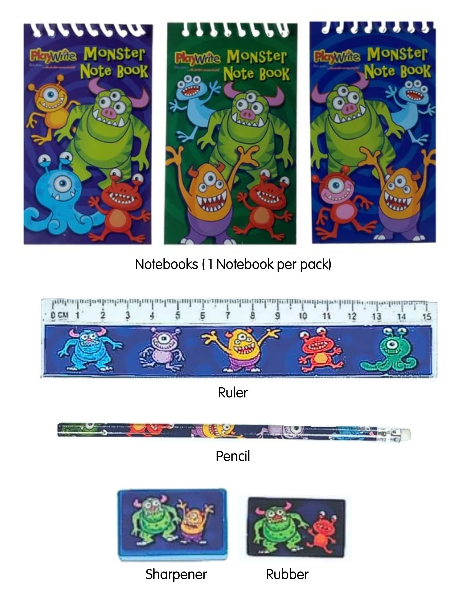 5 Piece Monster Stationery Set - Pencil, Sharpener, Rubber, Ruler & Notepad.