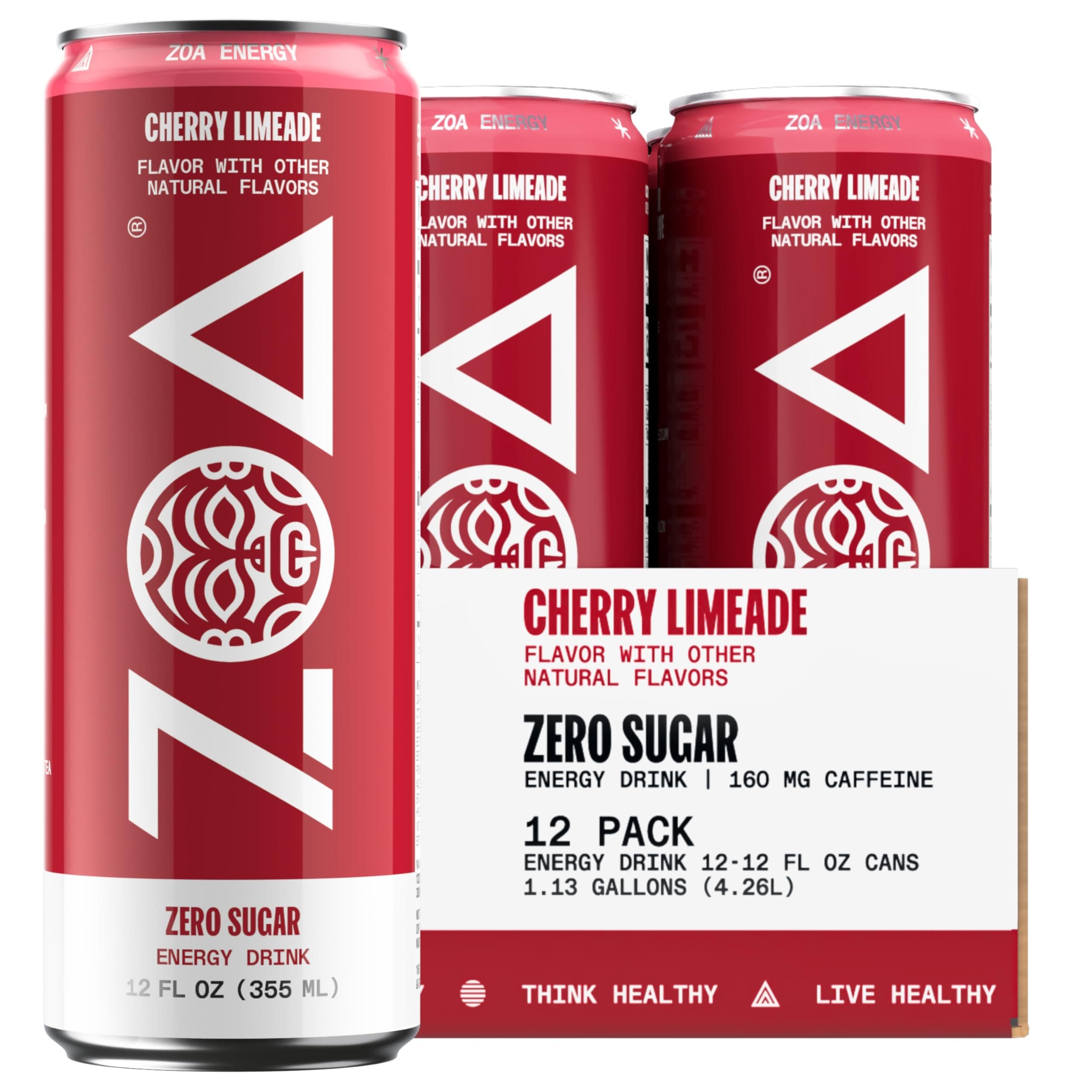 ZOA Zero Sugar Energy Drinks - Cherry Limeade | Healthy Energy Formula with Natural Caffeine, Daily Vitamin C, Essential B-Vitamins | Gluten-Free, Keto Friendly | 12 Ounce Cans (Pack Of 12)