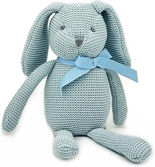 100% Organic Cotton Blue Bunny Rabbit Plush, 7.1" Baby Stuffed Animal for Newborn