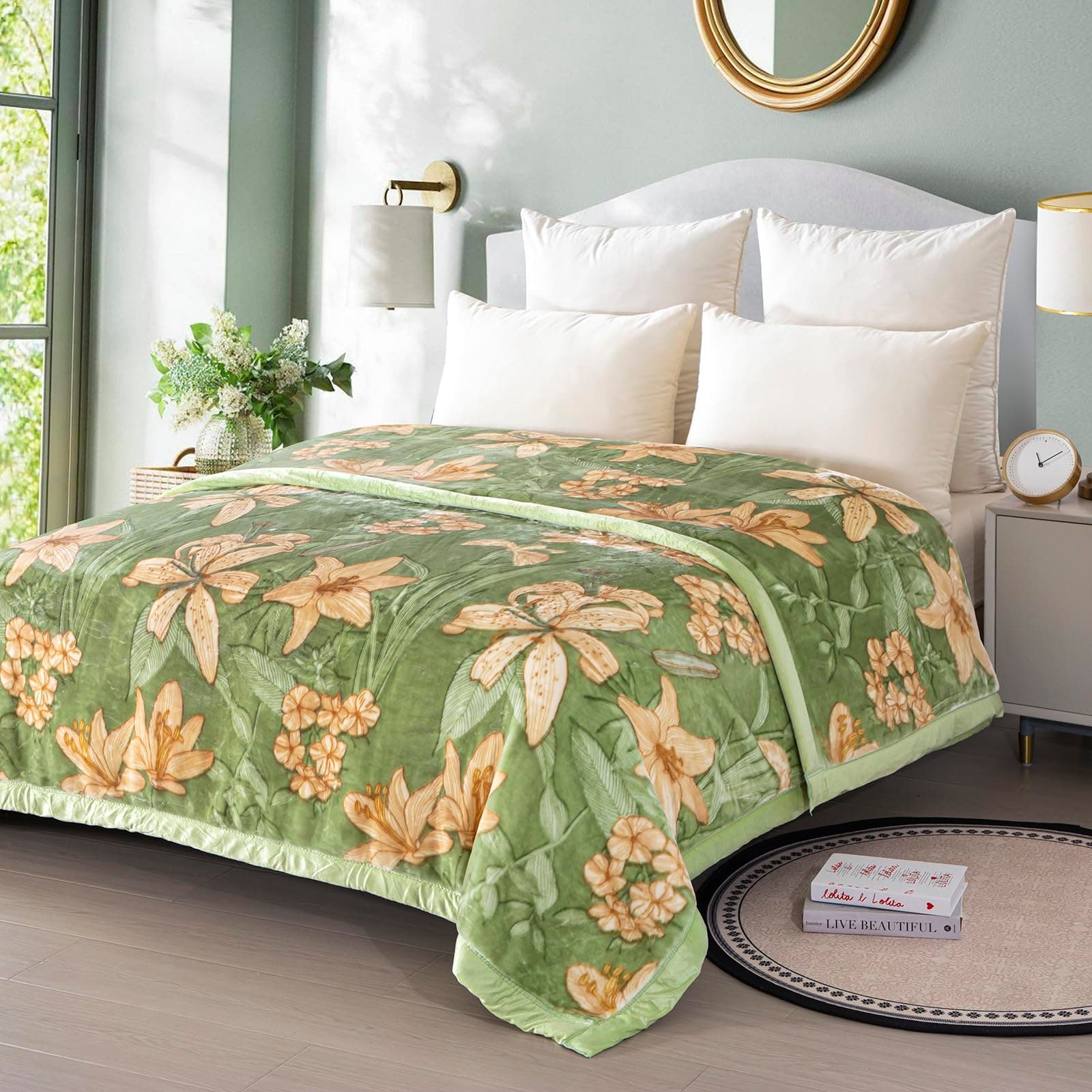 Thick Winter Fleece ​Blanket,King Size Korean Mink Throws Blanket for Bed,Silky Soft and Warm,2 Ply Reversible Raschel Bed Blanket,Green,220x240cm 11LB/5kg.