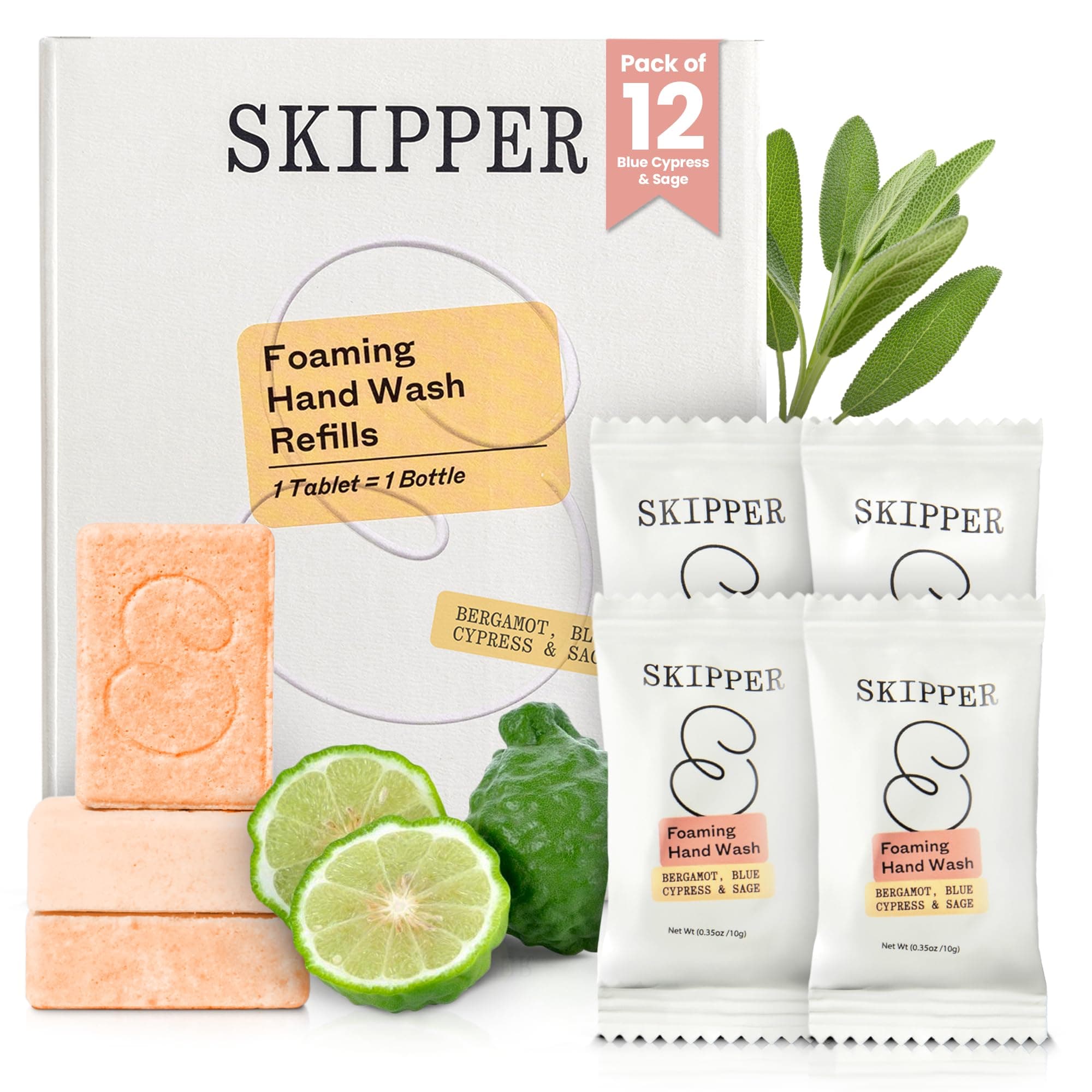 Tirtyl Skipper Foaming Hand Soap Tablet Refills - 12 Pack - 96 fl oz total (12x 8 fl oz) - Rebranded - Compostable Packaging - Bergamot, Blue Cypress & Sage