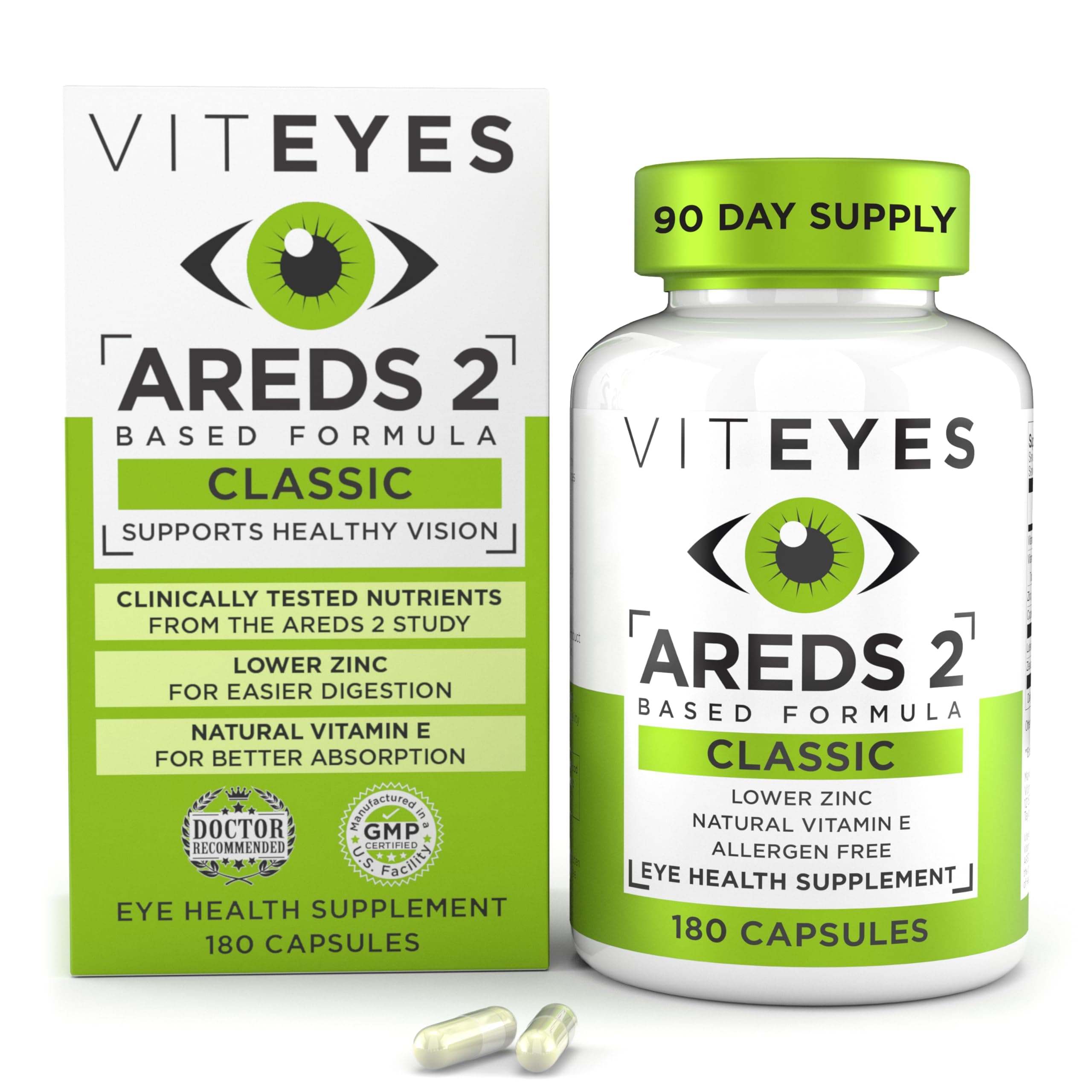 AREDS 2 Eye Vitamins, Classic Macular Support, Allergen Free Capsules, with Natural Vitamin E, Vitamin C, Zinc, Copper, Lutein & Zeaxanthin, Eye Doctor Trusted, Manufactured in The USA, 180 Ct