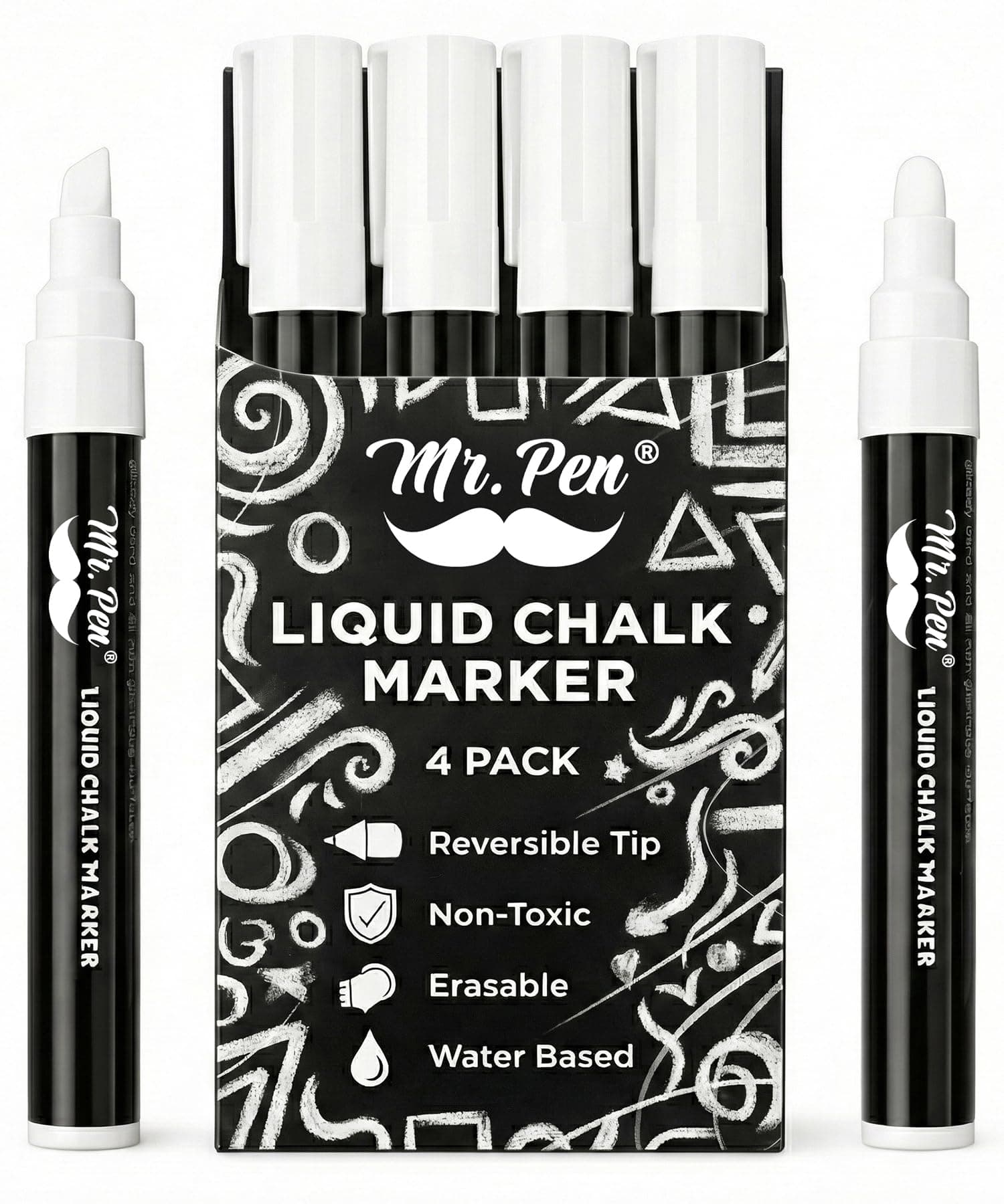 Mr. Pen- White Chalk Markers, 4 Pack, Dual Tip, 8 Assorted Colors, For Non-Porous Surfaces, Reversible Chisel and Bullet Tip