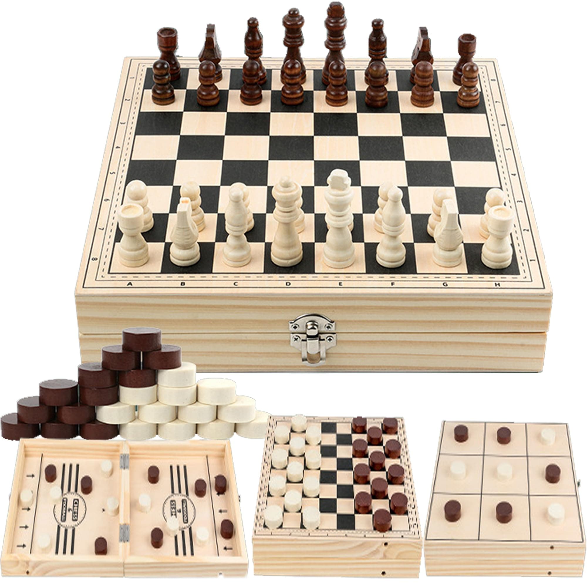 YUEMING Wooden Chess and Checkers 4 in 1 Set, Chess Set and Draughts Board Games, Foldable Wooden Chess Board, Travel Folding Board and Chess Piece for Kids and Adult Chess Toys Gift