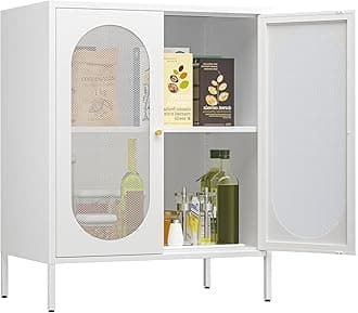 2 Door Accent Cabinet,Metal Storage Cabinet with Adjustable Shelf,Buffet Sideboard for Bed Room,Living Room,Entryway,Hallway,Home,Hotel,Office,Garage,Kitchen,1 Removable Shelf. (Mesh Door, White)