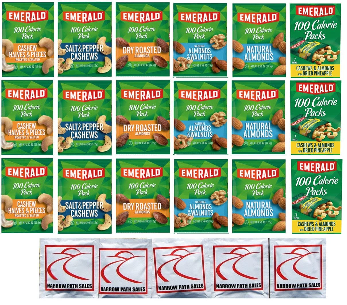 Emerald Cashew Almond Nuts 100 Calorie Packs - Variety Sampler Pack of 18 bags, 6 Flavors