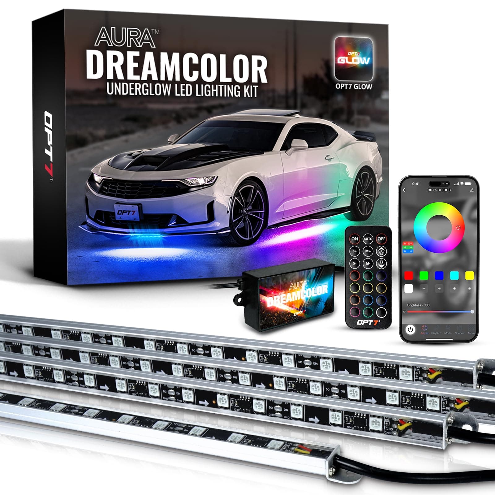 OPT7 Aura DreamColor Underglow Chasing Lights for Car with APP & Remote Control, Waterproof Rigid Aluminum LED Light Bar, 12V Exterior Neon Accent Underbody RGBIC Light Kit, Valentines Day Gifts