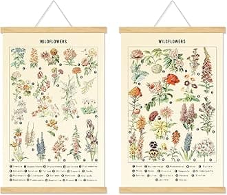 Chenkaiyang 2 Pcs Vintage Poster Hanging,Flowers Wall Hanging Botanical Rustic Retro Colorful Wall Art Prints Flower Chart Posterfor Living Room Bedroom Office Play Room Decor,12.7 X 21.6 Inch