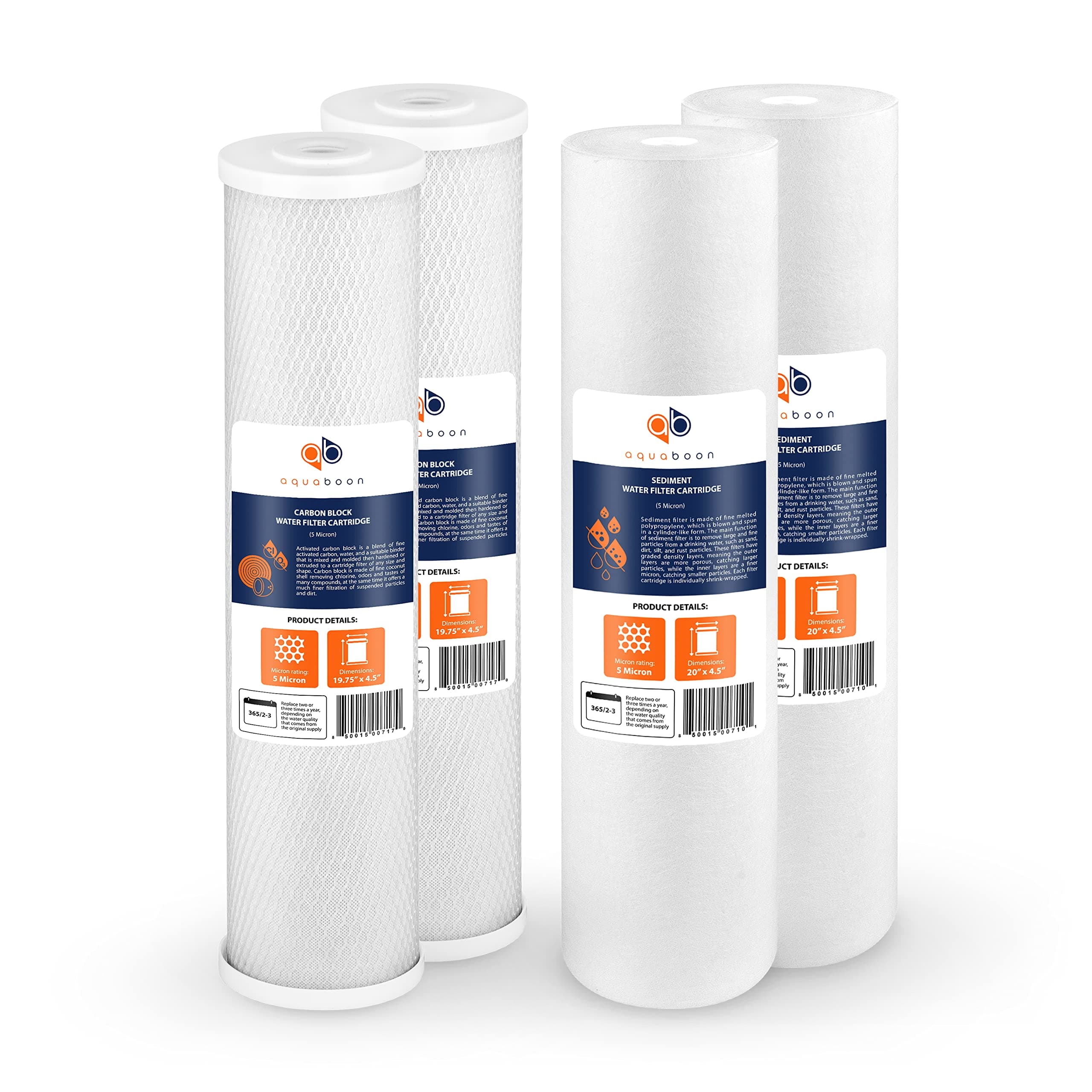 Aquaboon 5 Micron 20 x 4.5 Water Filter Cartridges Set of 4, Whole House Water Filter Replacements for 2-Stage Sediment & Chlorine, Odors Reduction