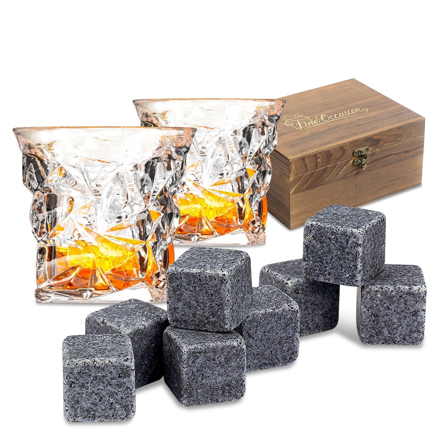 Whiskey Stones Gift Set with 8 Premium Granite Stone Whiskey Rocks in Wooden Gift Box - Includes 2 Full Sized Diamond Whiskey Glasses by Fine Occasion